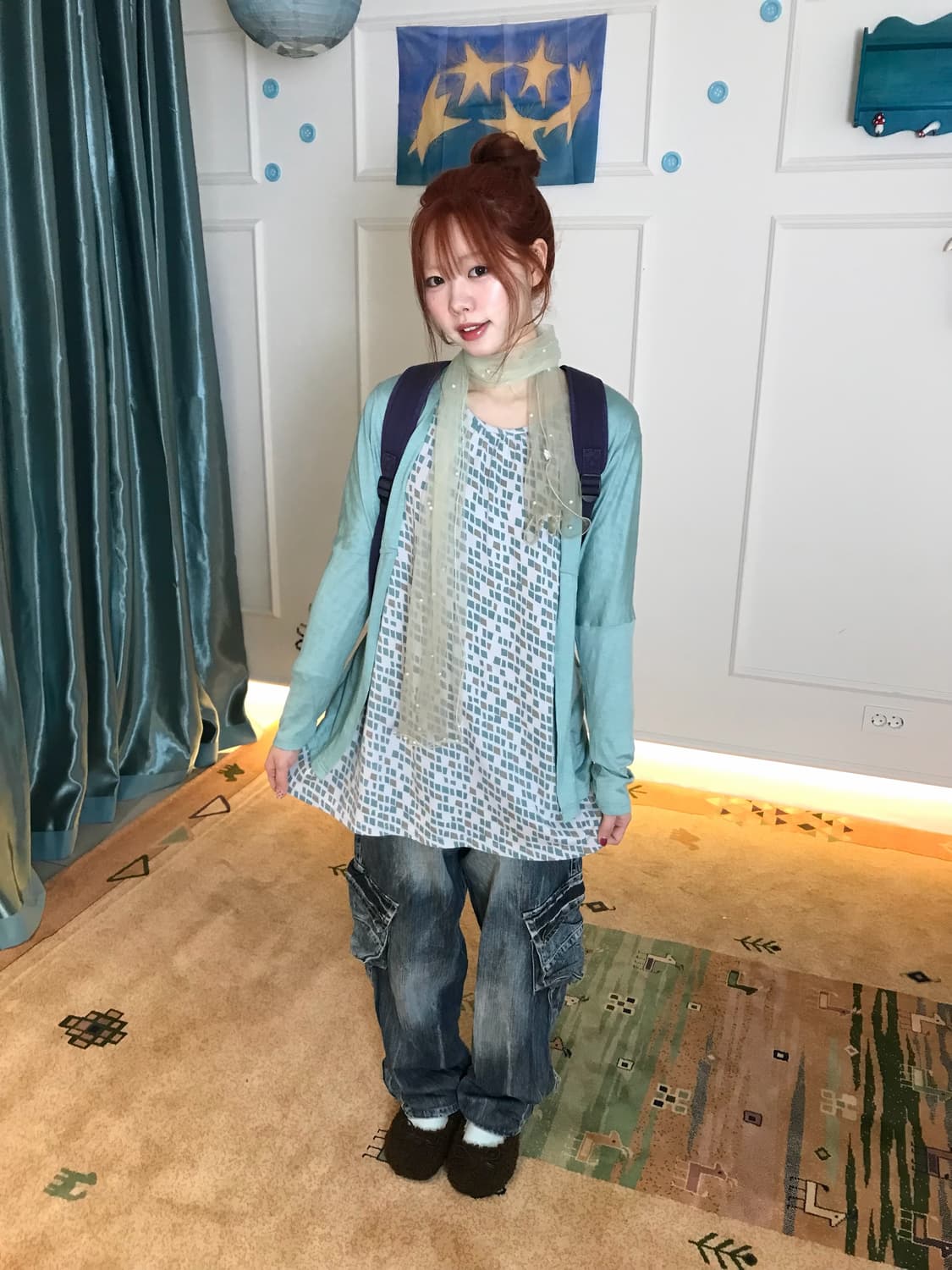 페일 민트 컬러 가디건과 귀여운 데님 벌룬팬츠 조합𖧧𓂃˖₊🫧🍵 상품이미지3