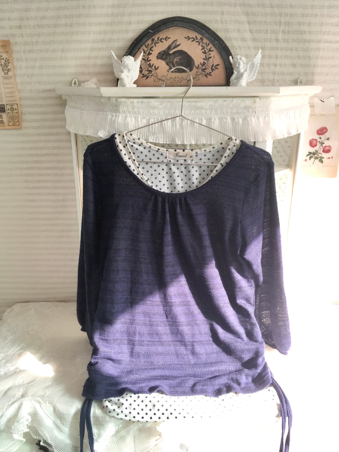 일본빈티지 네이비 셔링 7부 도트 레이어드 탑 상품이미지5