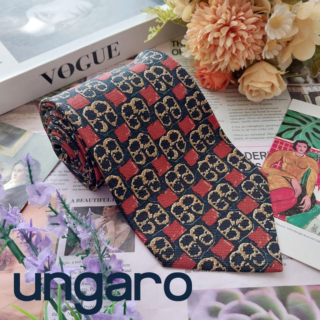 웅가로 실크 블랙 와인 패턴 넥타이 9.7cm A등급 K2531 상품이미지2