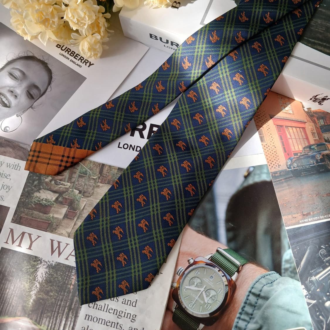 버버리 실크 그린 체크 패턴 넥타이 9cm B등급 A19491
 상품이미지3