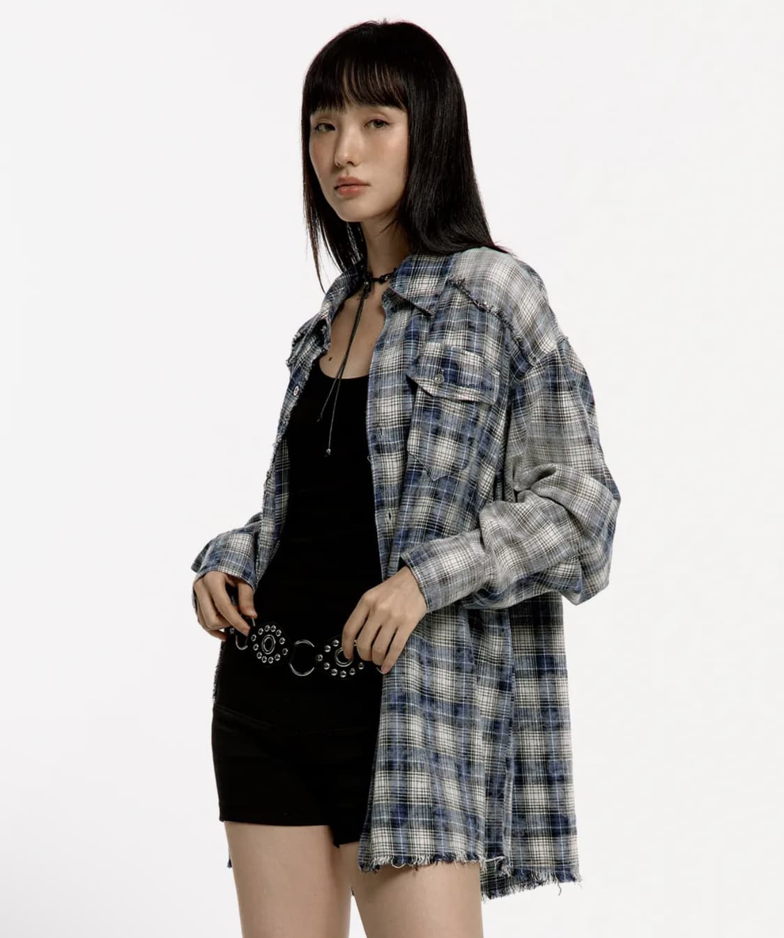 러프넥 워싱 체크 셔츠 블루 상품이미지1