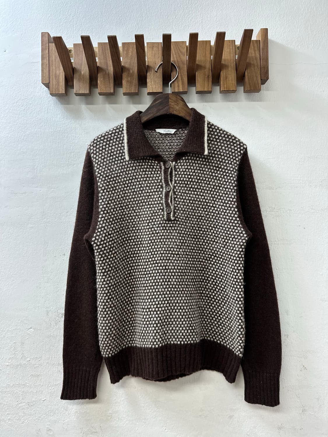일본빈티지 브라운 투톤 잔도트 디테일 버튼업 카라 니트 풀오버 상품이미지1