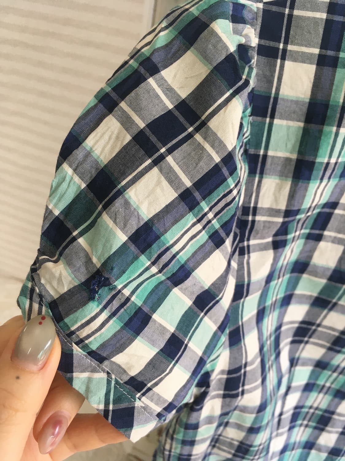 일본빈티지 핀터 민트 체크 러플 퍼프 블라우스 상품이미지10