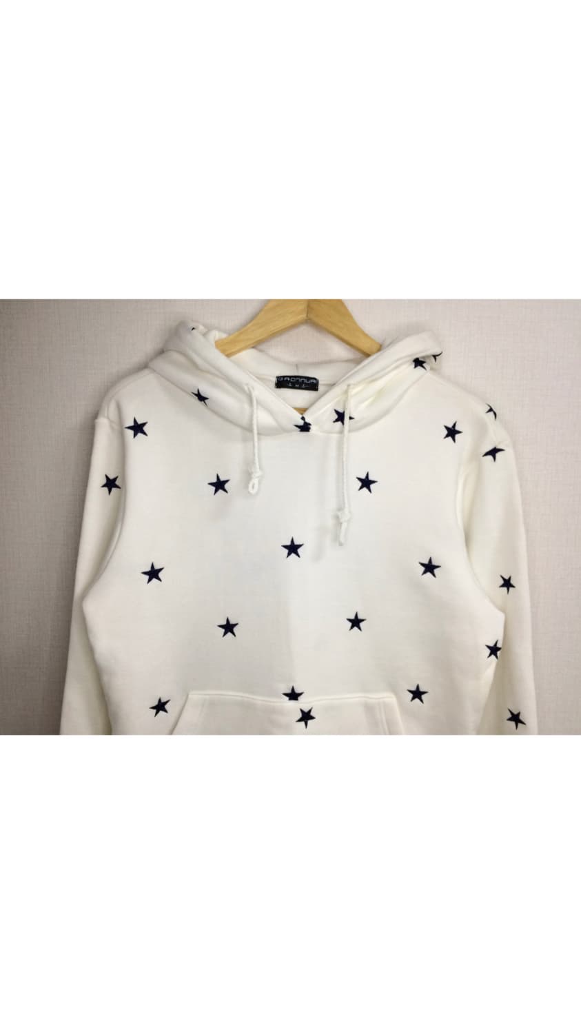 빈티지 화이트 네이비 별 무늬 자수 기모 후드티 상품이미지3