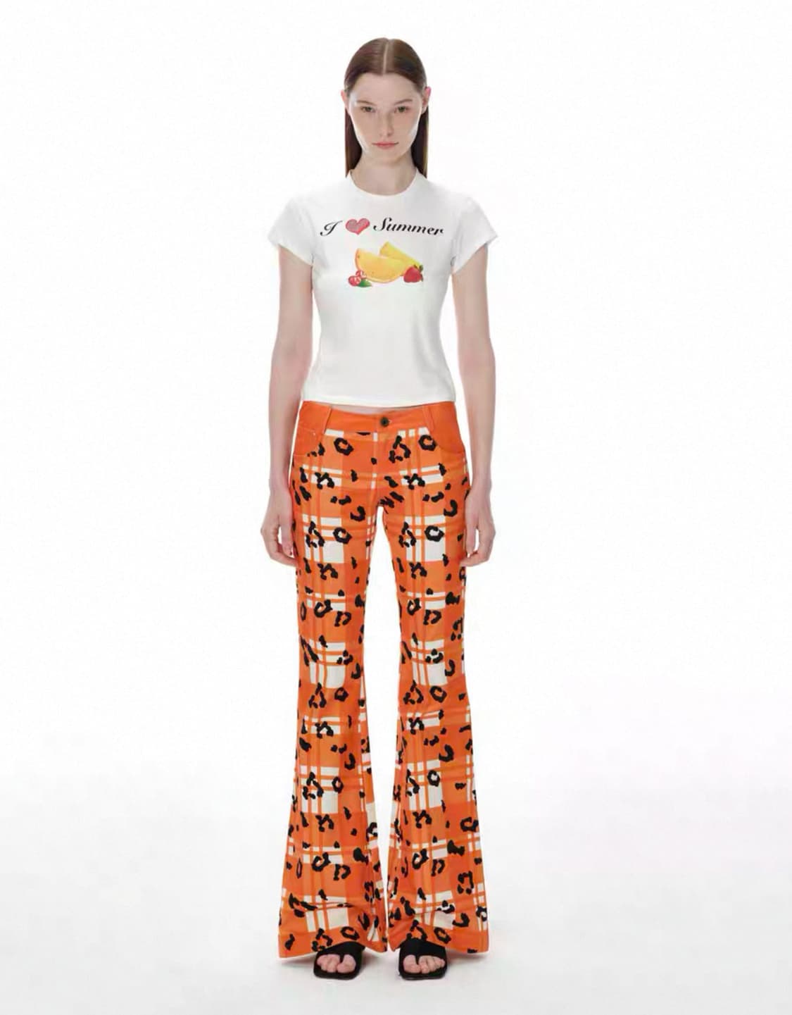 오렌지 체크 레오파드 패턴 팬츠  상품이미지1