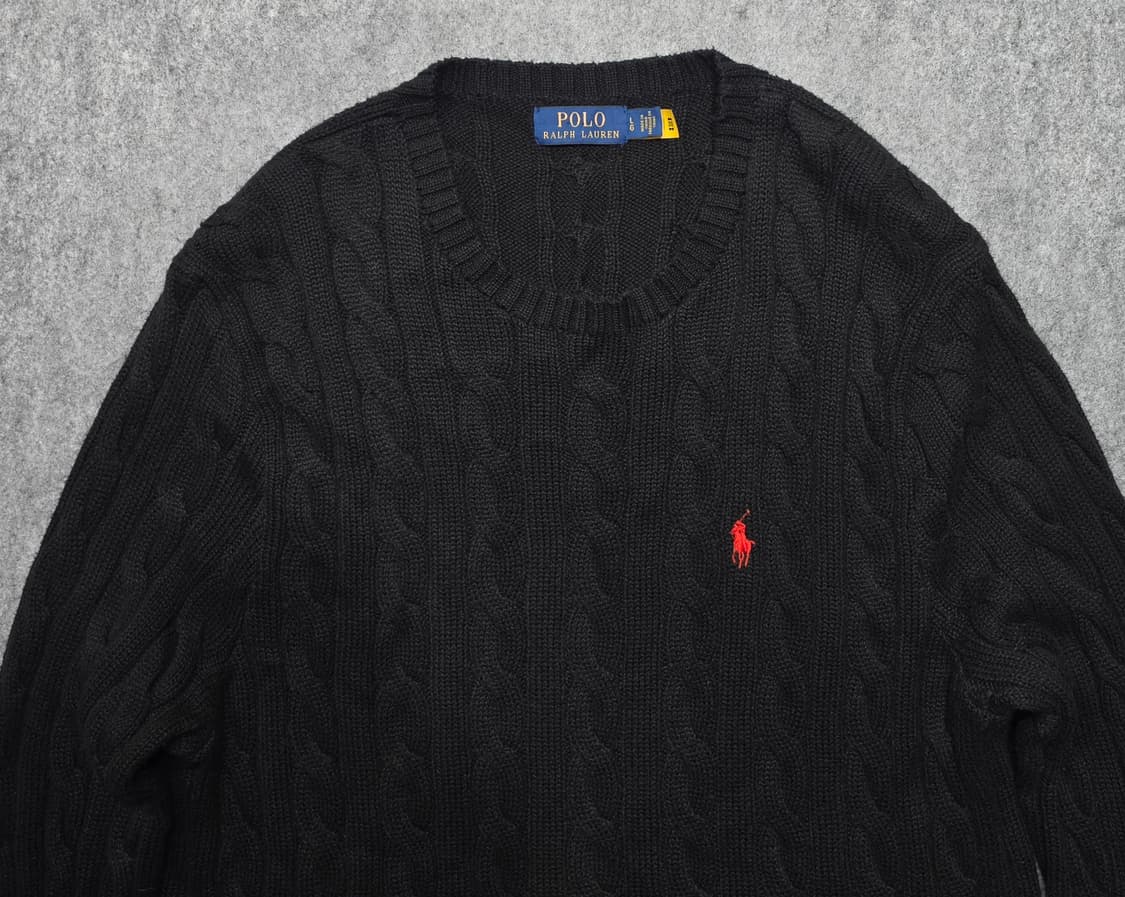 폴로 랄프로렌 꽈배기 케이블 큐알택 니트 블랙 /레드 포니 L 상품이미지3