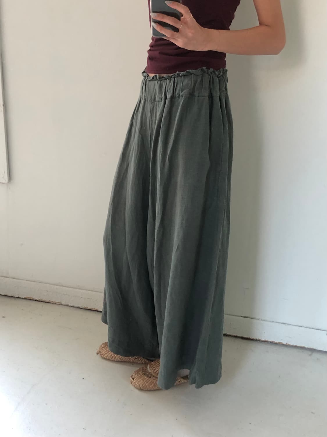 일본빈티지 카키 린넨 팬츠스커트 상품이미지3