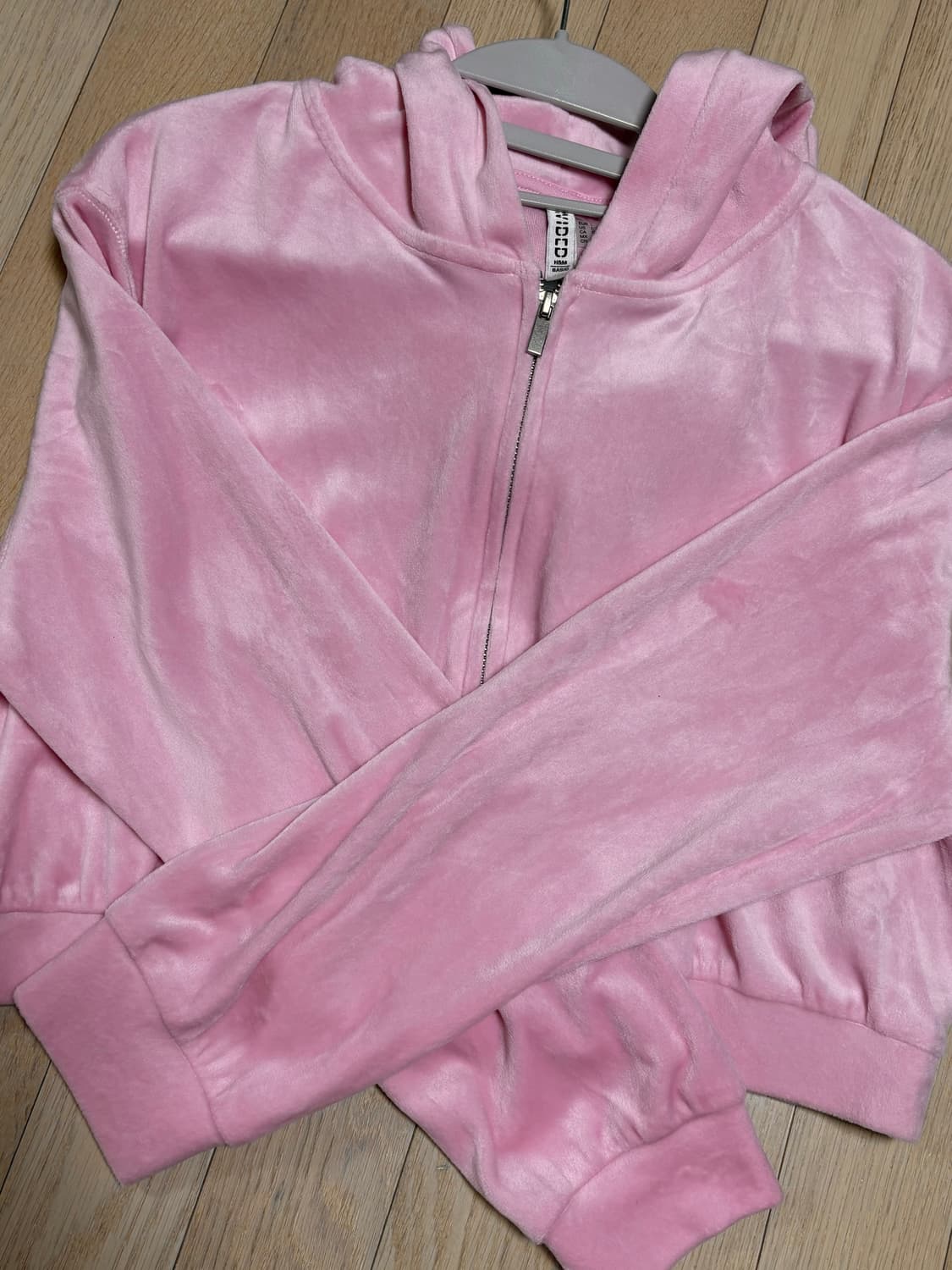 H&M 핑크 벨벳 크롭 후드집업 L 상품이미지1