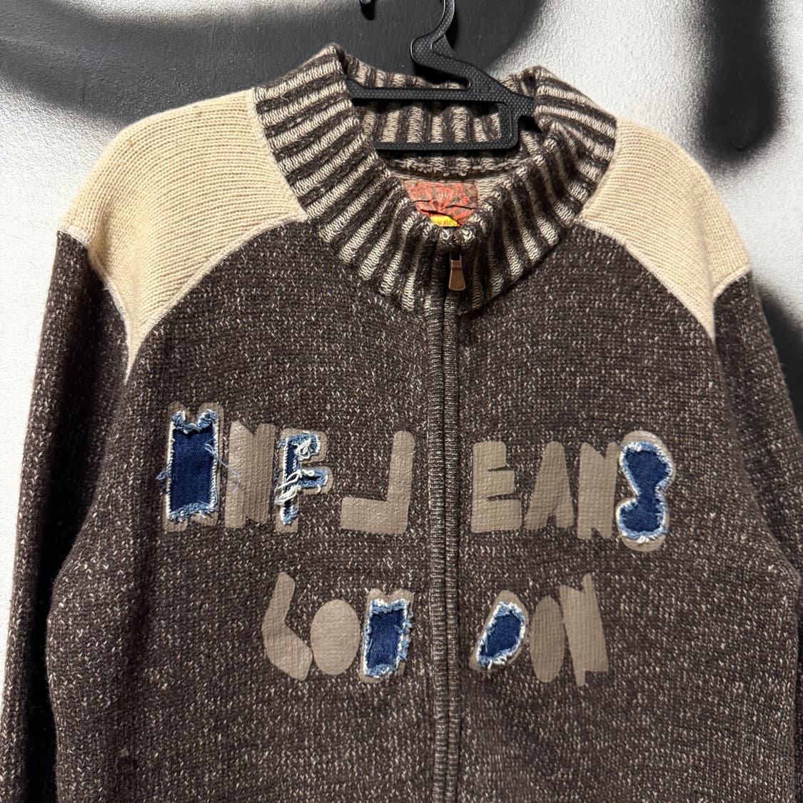 VTG 빈티지 멀티 패치 디테일 그런지 램스울 집업 니트 브라운 상품이미지3