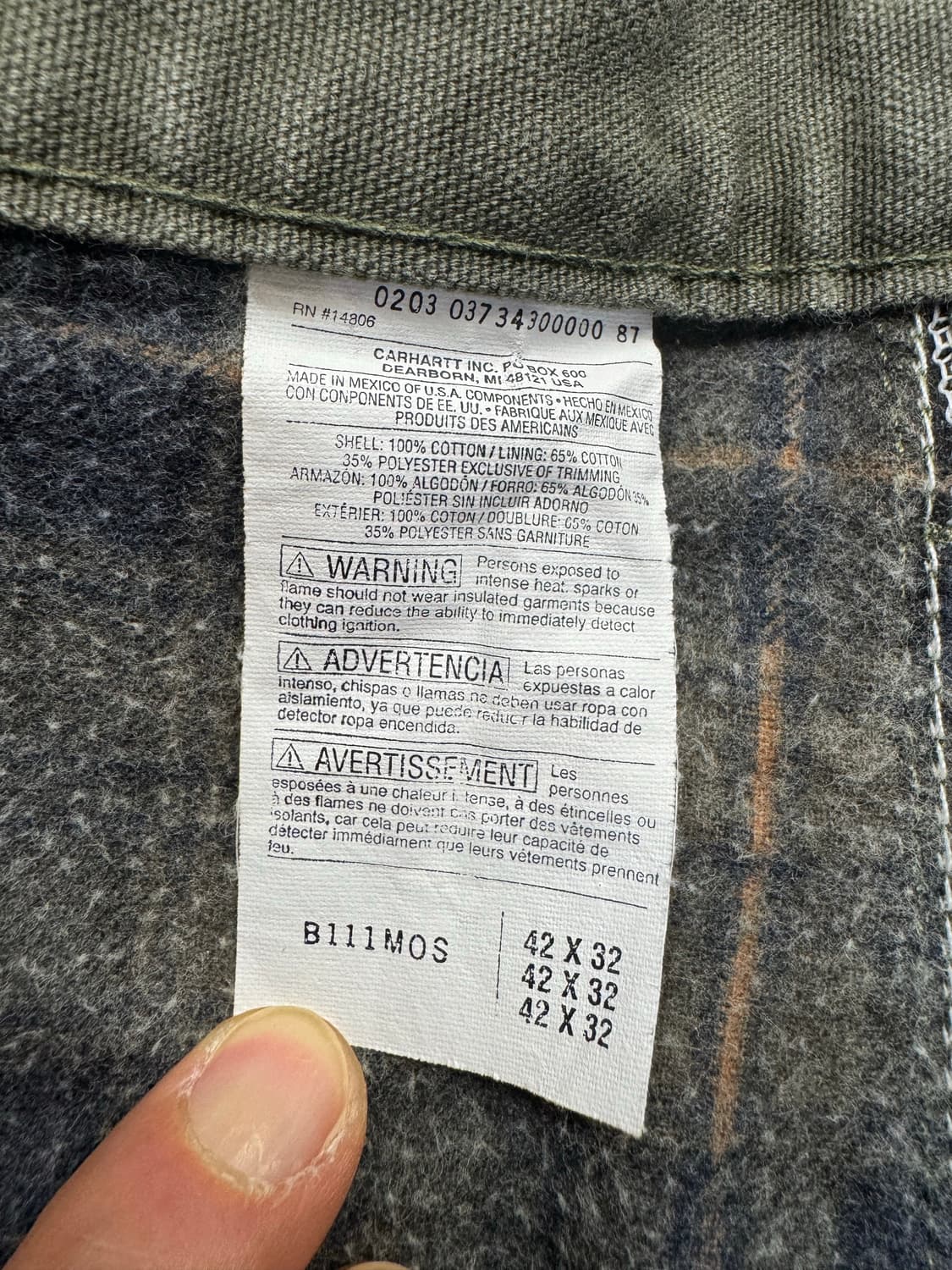 칼하트 B111 MOS 플란넬 라이닝 싱글니 42×32 상품이미지3