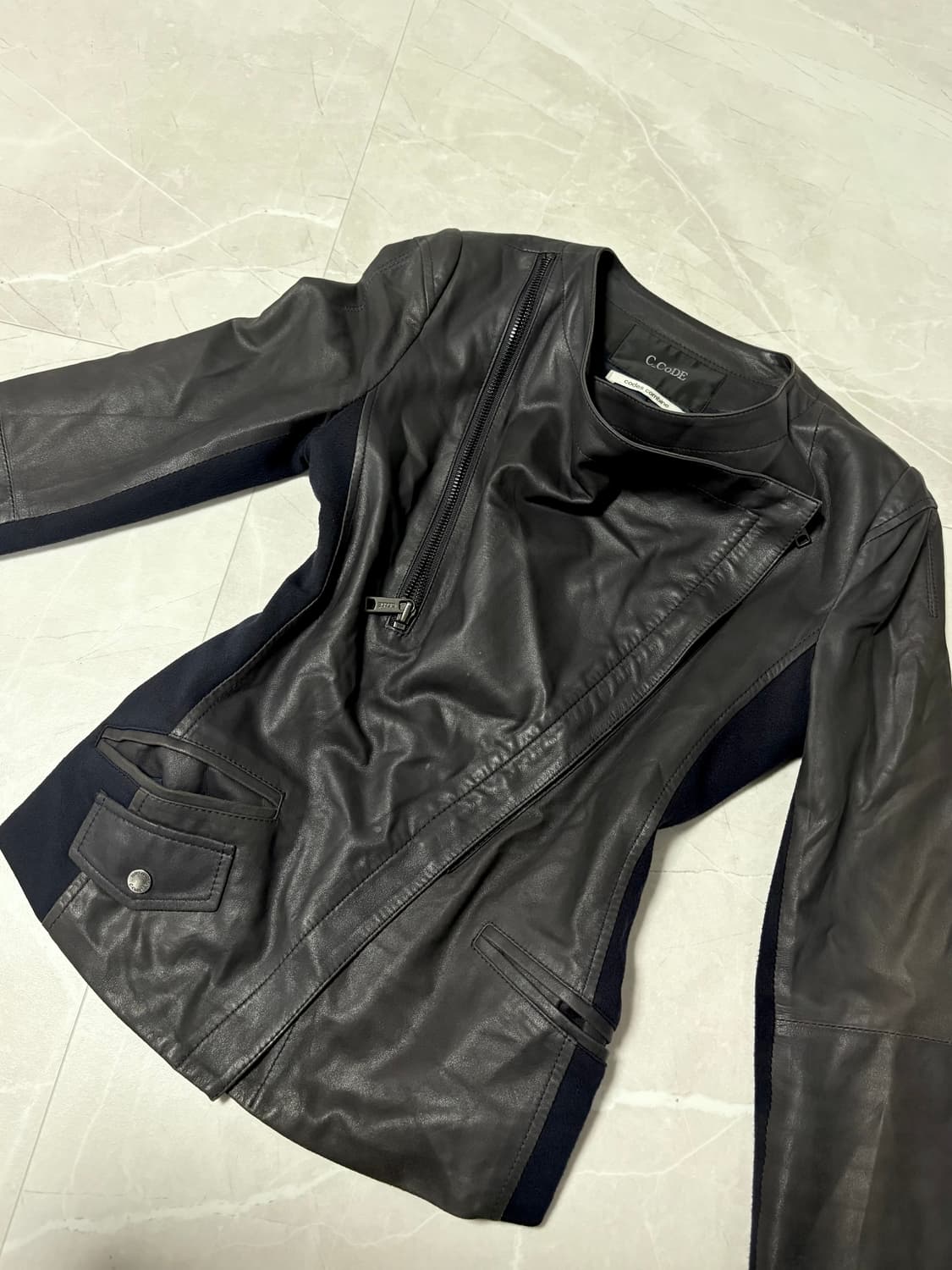 아케호무빈티지 코데즈컴바인 드레이핑  릭 사선지퍼 레더자켓 고트스킨 상품이미지1