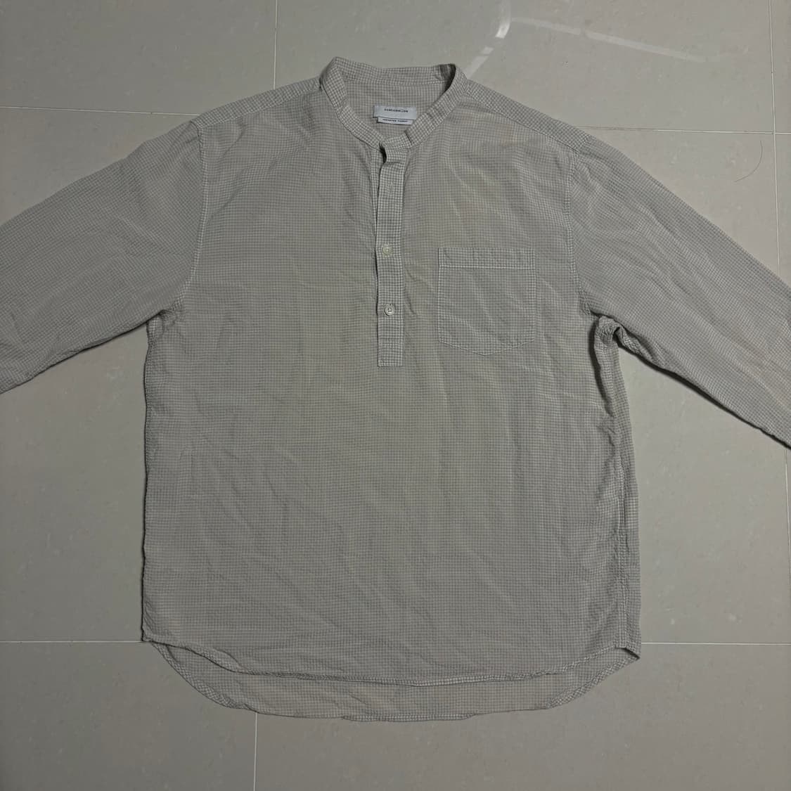 정품 커스텀멜로우 시어서커 헨리넥 베이지 체크 셔츠 상품이미지3