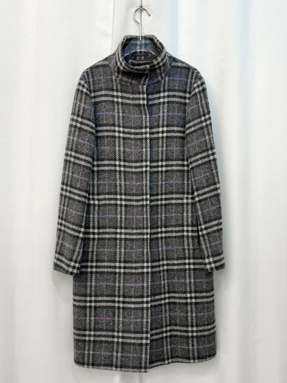 버버리 울 100% 그레이 노바체크 하이넥 롱 코트 상품이미지1