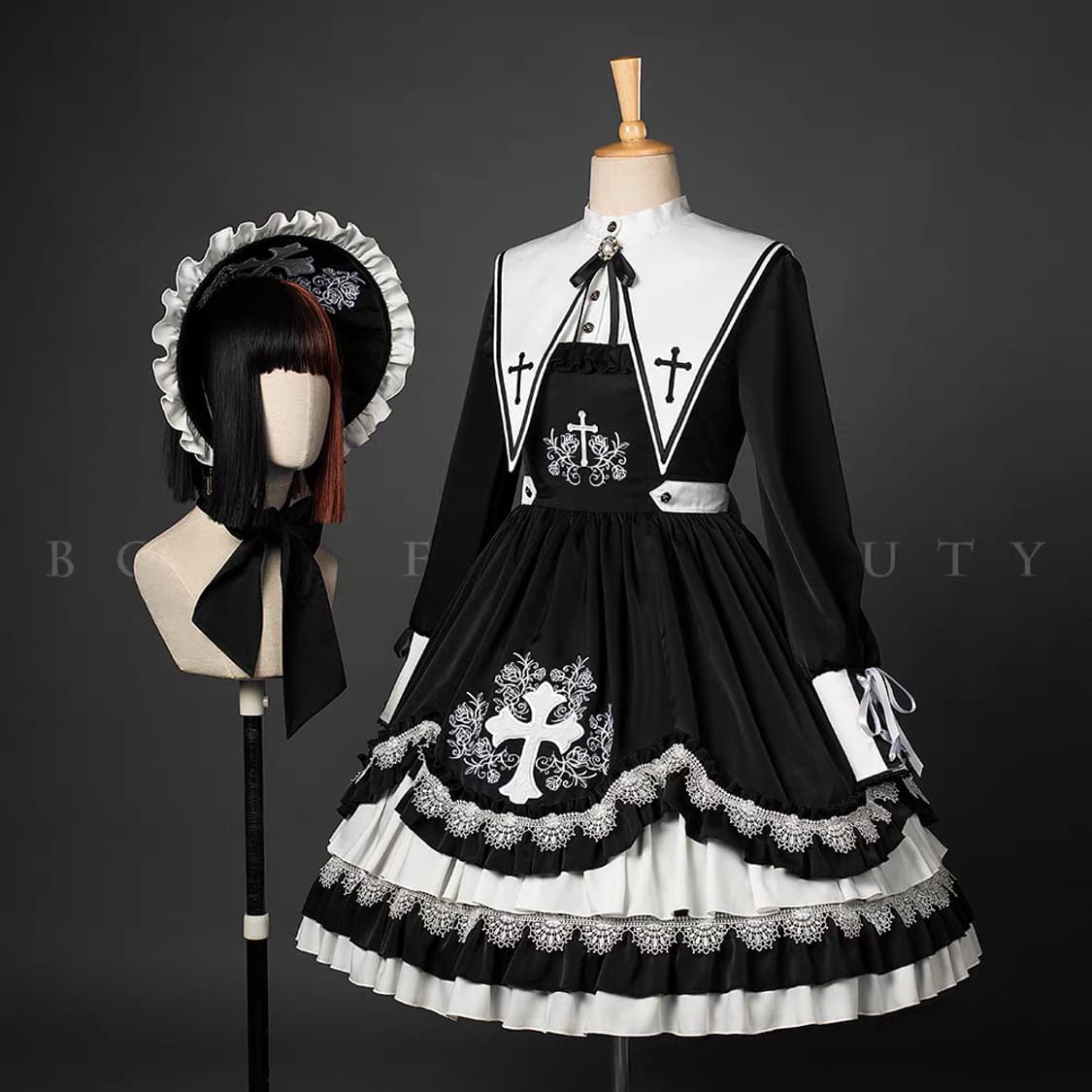 고스로리 고딕로리타 지뢰계 블랙 십자가 원피스 세트 상품이미지2