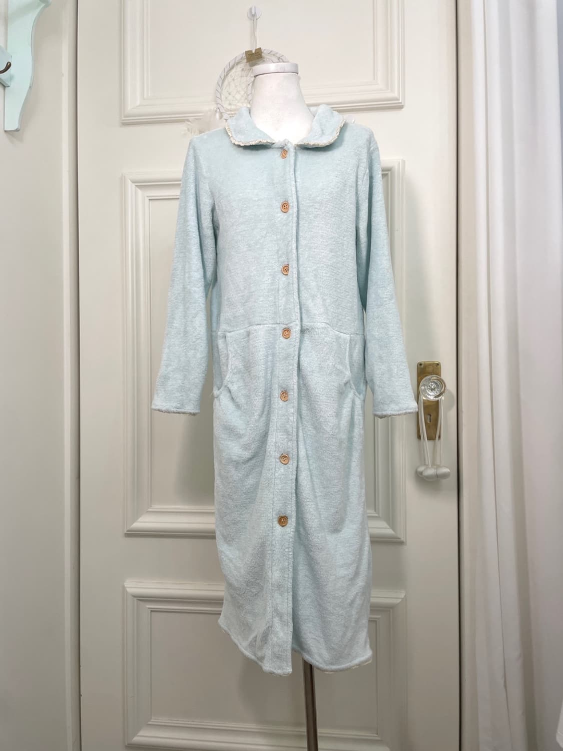 sheer blue lace trim pocket long homewea 상품이미지1