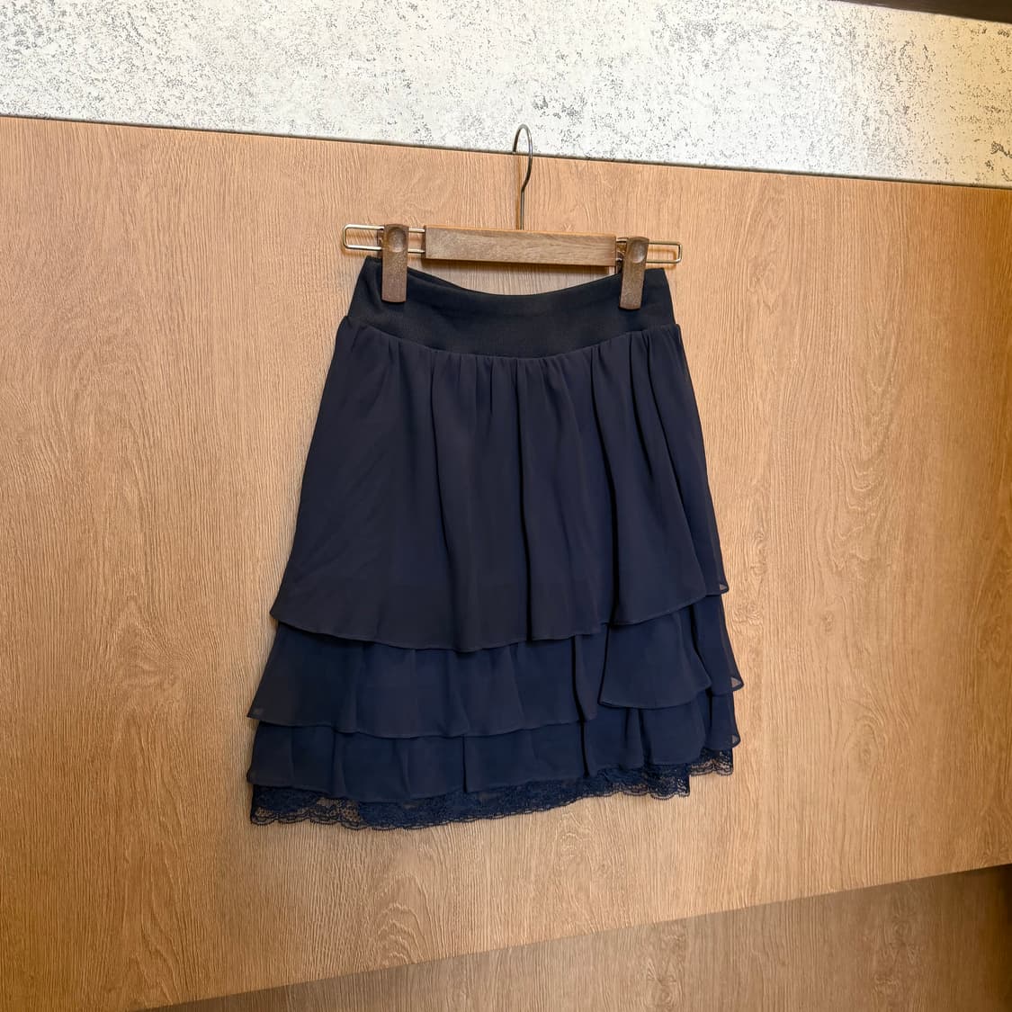 빈티지 캉캉 미디 스커트 쉬폰 레이어드 레이스 디테일 네이비 상품이미지1