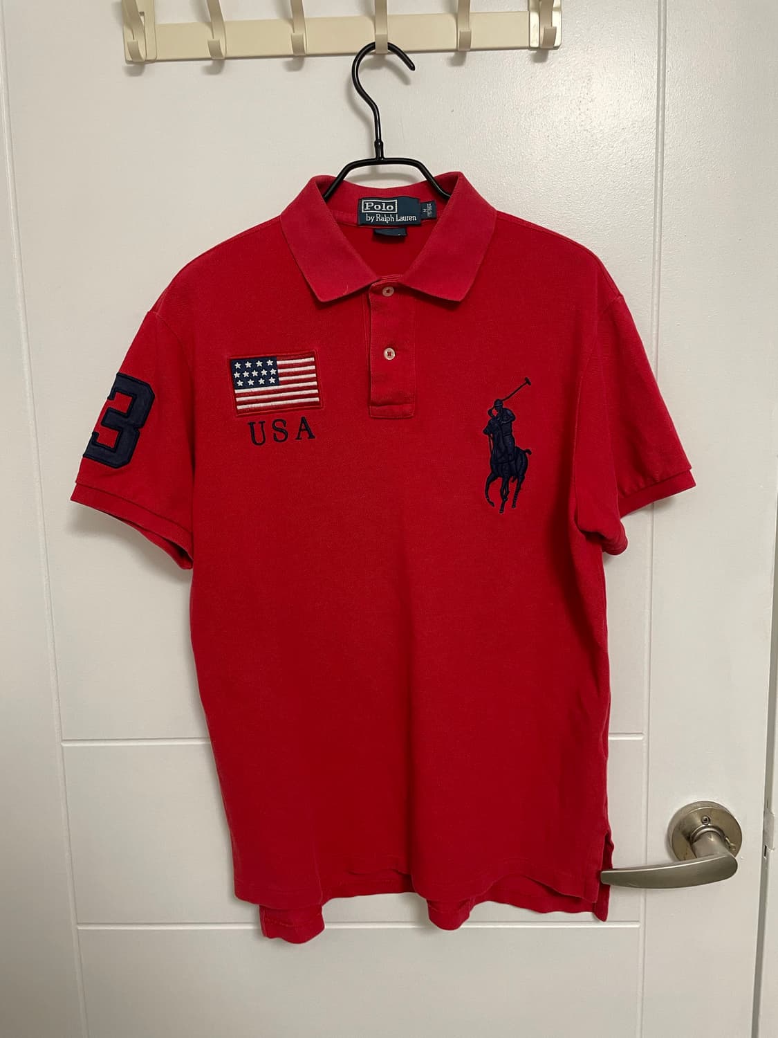 폴로 빈티지 빅포니 미국 국기 패치 커스텀핏 피케 셔츠 레드 상품이미지1