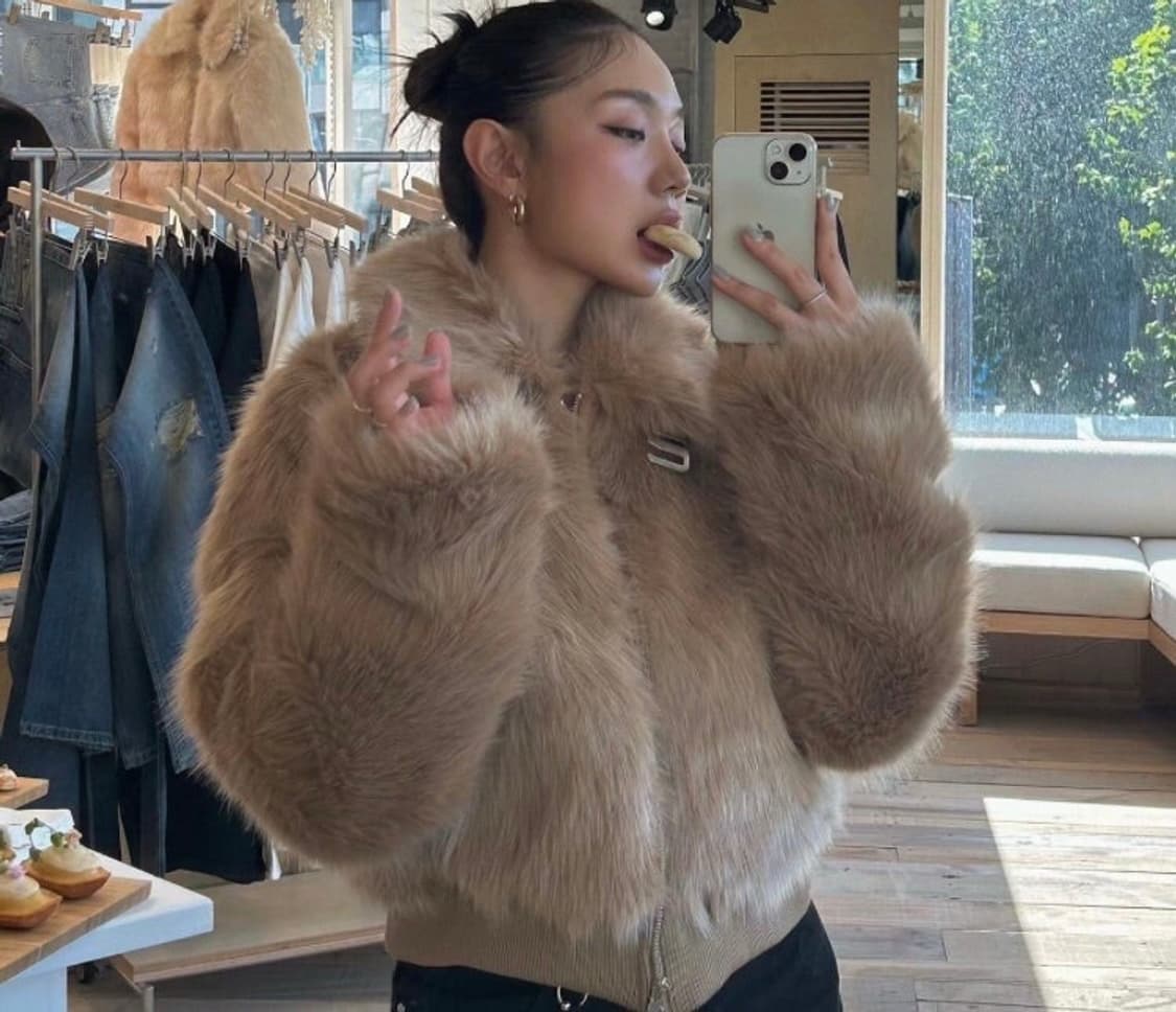 글로니 레빈 퍼자켓 카멜브라운 하이넥기모무스탕스웨이드아우터하프숏코트베이지 상품이미지4