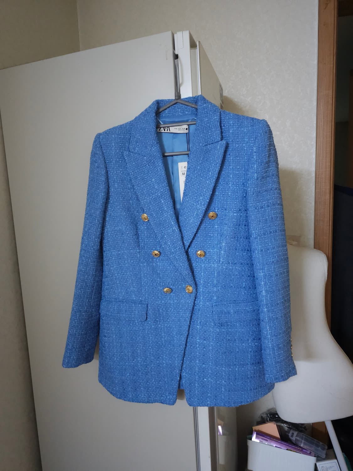 새상품)자라 블루 트위드 금장 버튼 자켓 상품이미지1