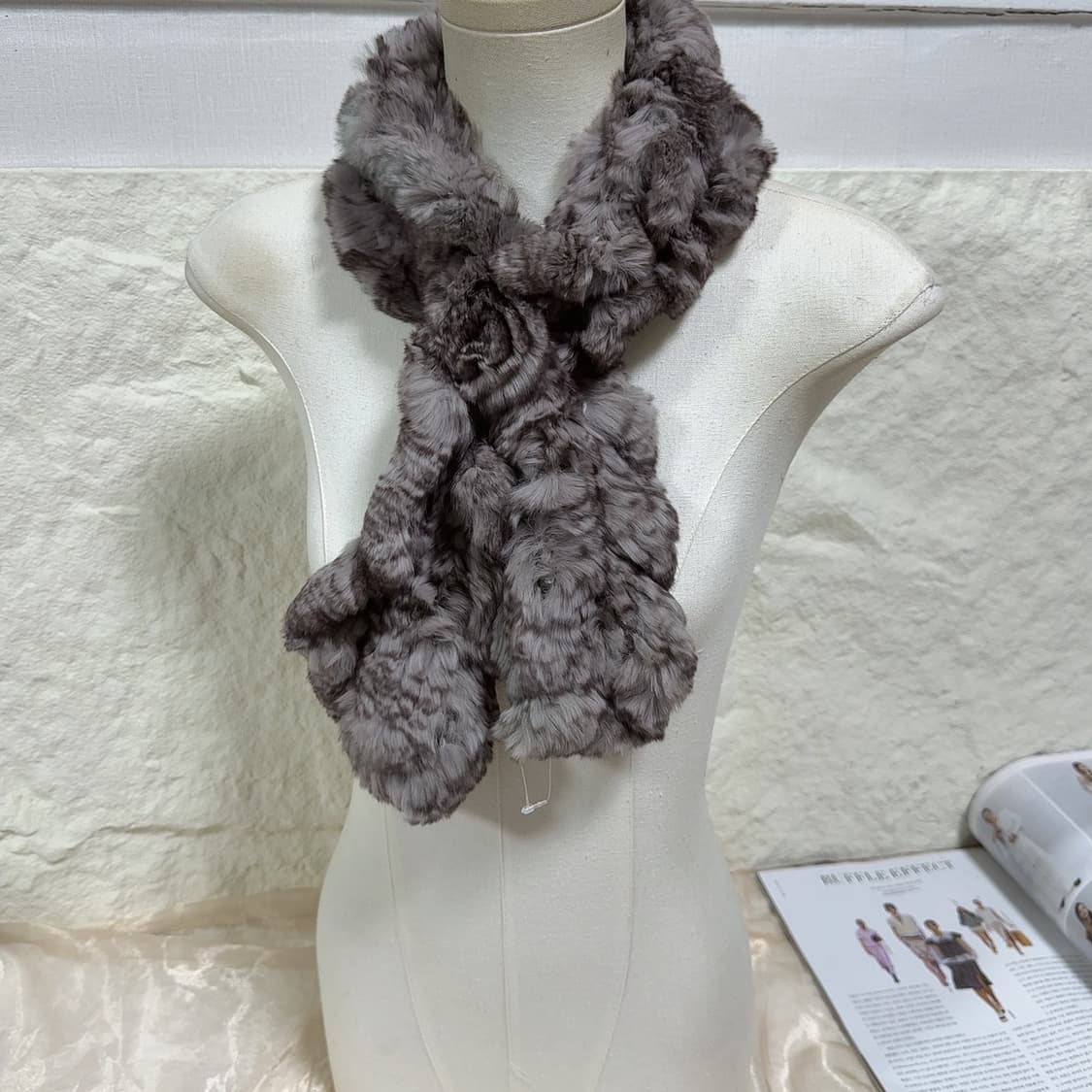 빈티지 래빗 토끼털 장미꽃 매듭 목도리 머플러 상품이미지1