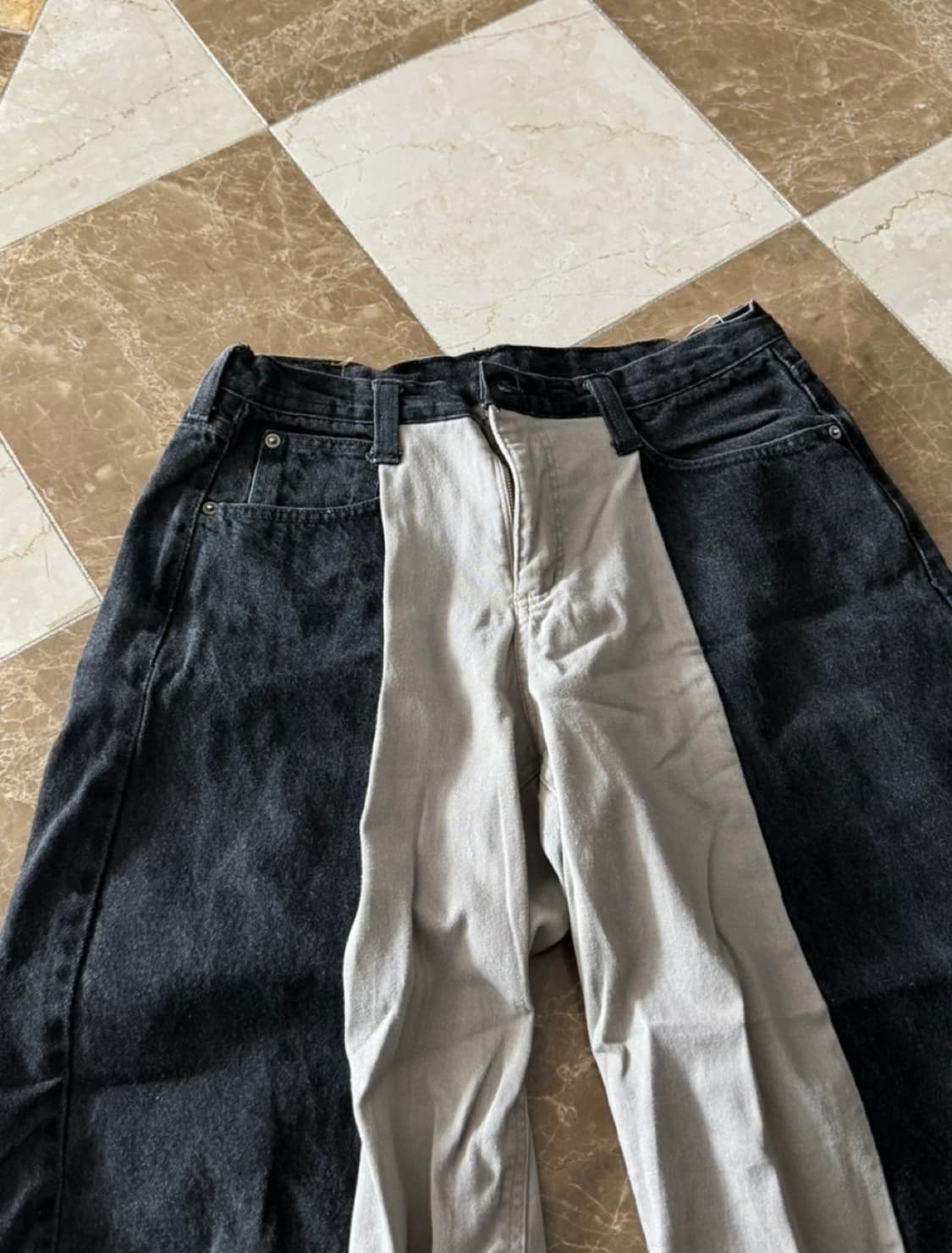 리메이크 커스텀 빈티지 배색 흑청 와이드 데님 상품이미지3