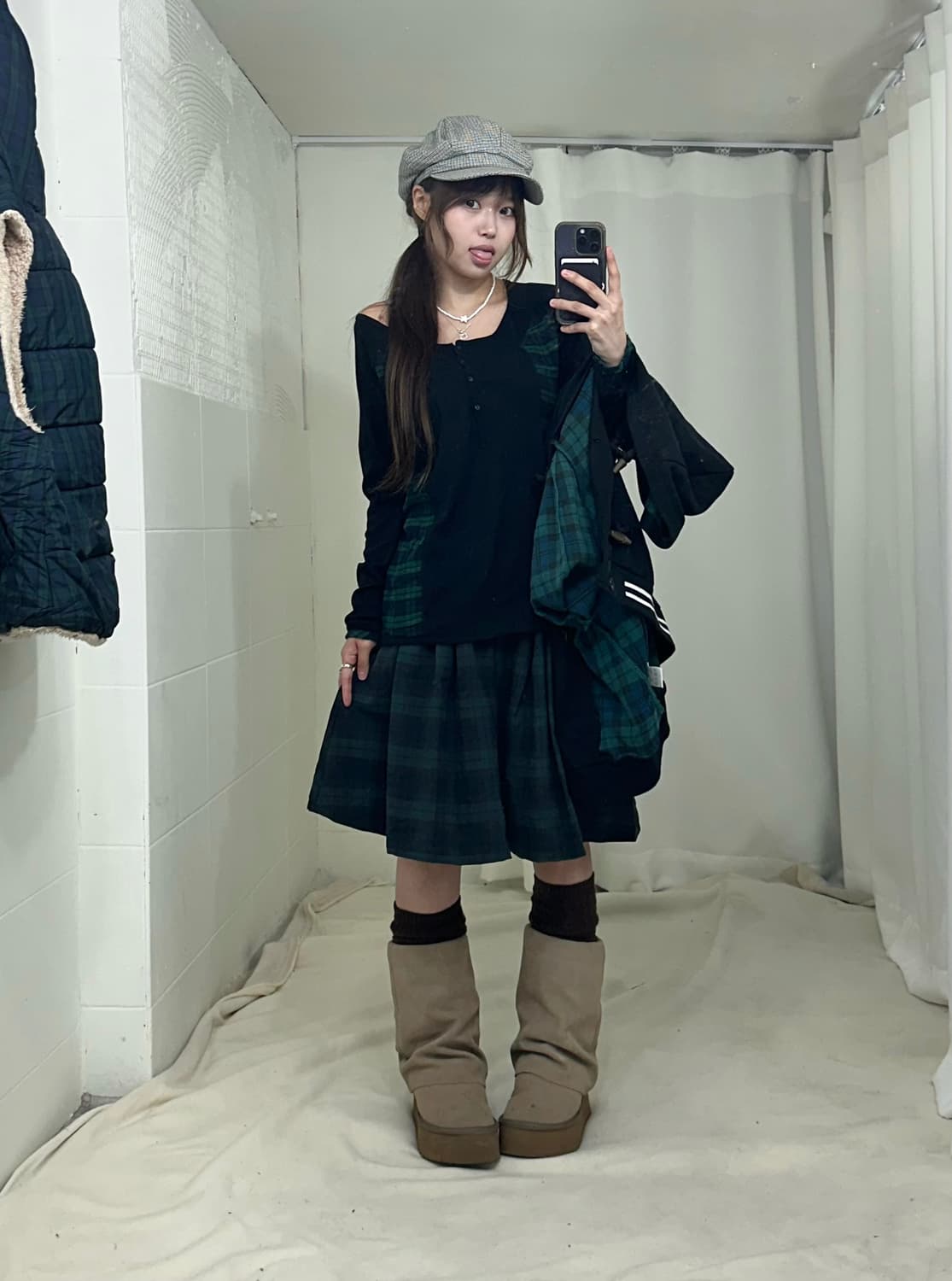 그린체크 모리걸 프레피 패딩조끼 코디세트 상품이미지3