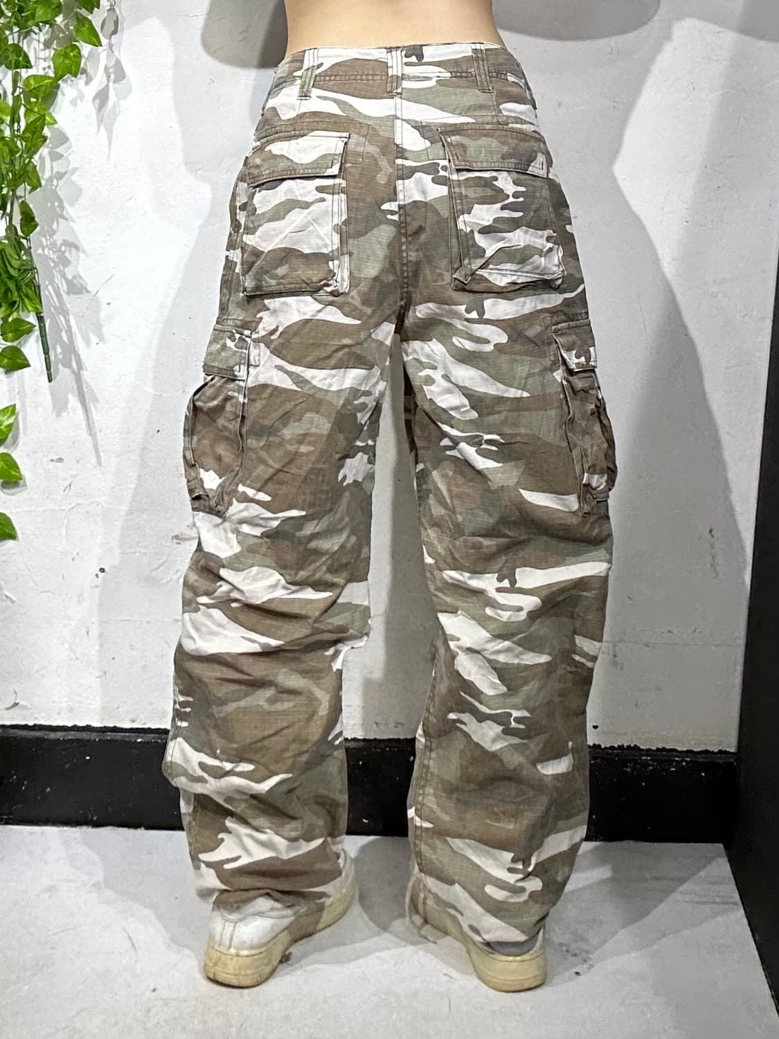 일본 빈티지 베이지 밀리터리 카모 립스타 와이드 카고 팬츠 군대 바지 M 상품이미지3