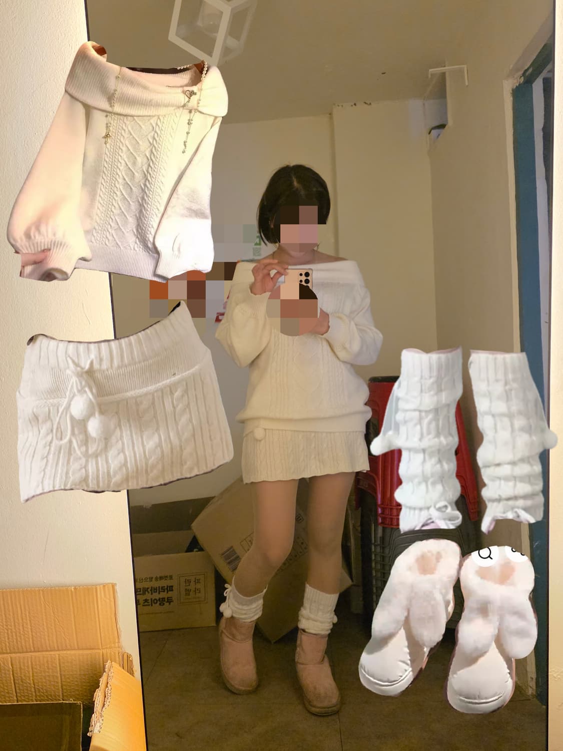 사와코깔 달천깔 화이트 니트 폼폼 코디 세트 상품이미지1