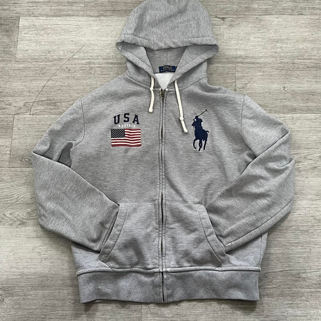 폴로 랄프로렌 빅포니 USA 성조기 패치 기모 후드 집업 그레이 상품이미지1
