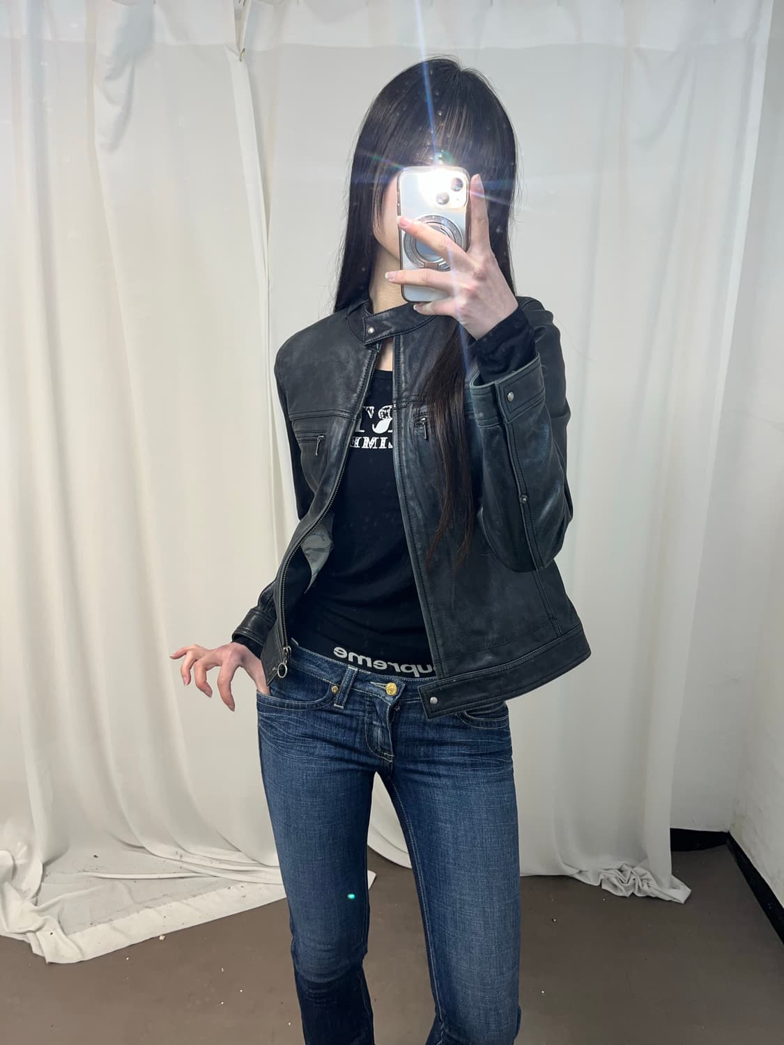 더블 지퍼포켓 블랙 레더 자켓 상품이미지9