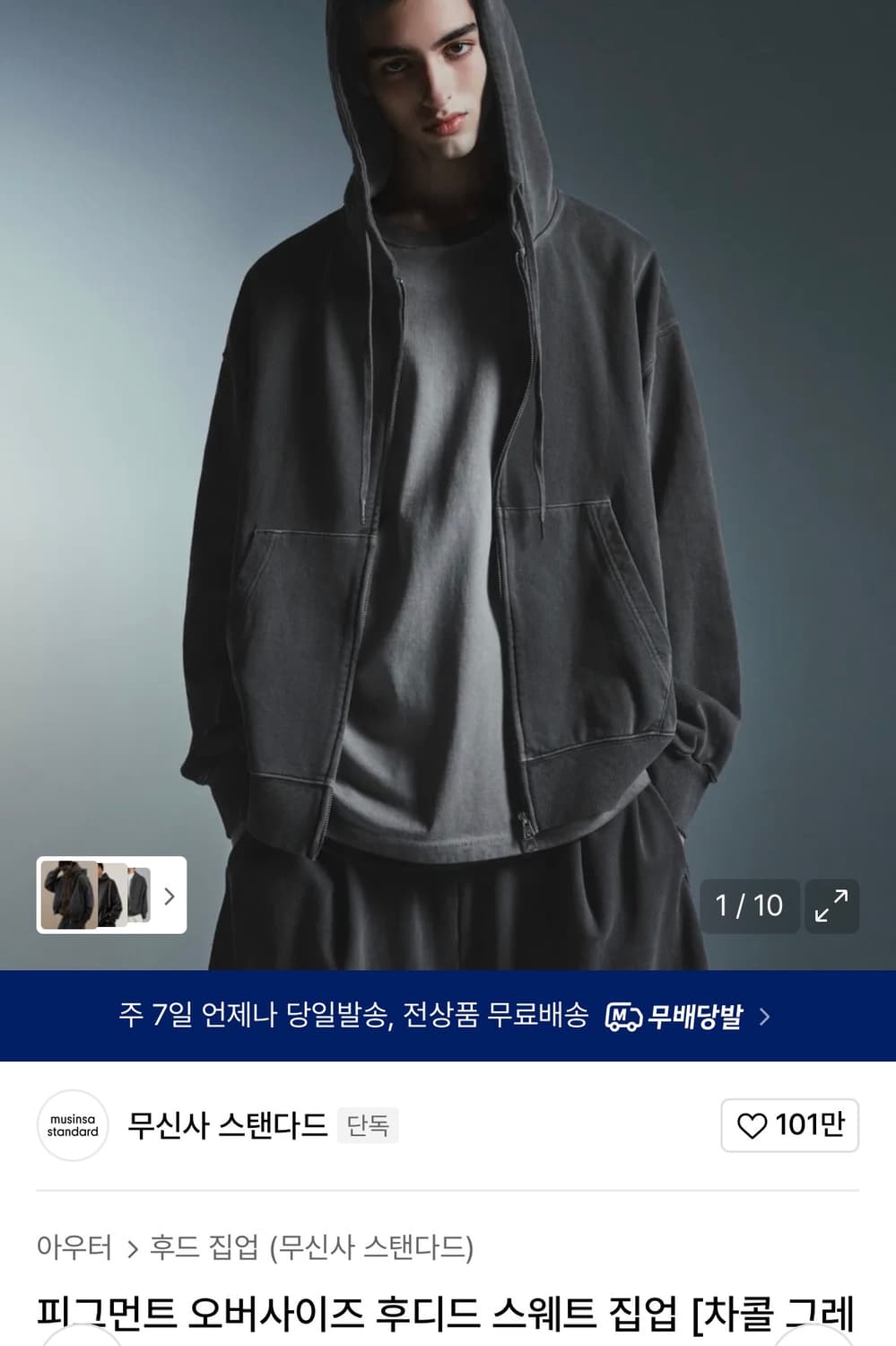 피그먼트 오버사이즈 후디드 스웨트 집업 [차콜 그레이] L 상품이미지1