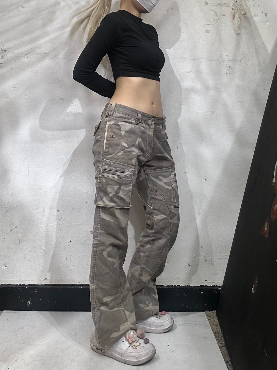 부츠컷 일본 빈티지 베이지 러스티 밀리터리 카모 플레어진 카고 팬츠  상품이미지1