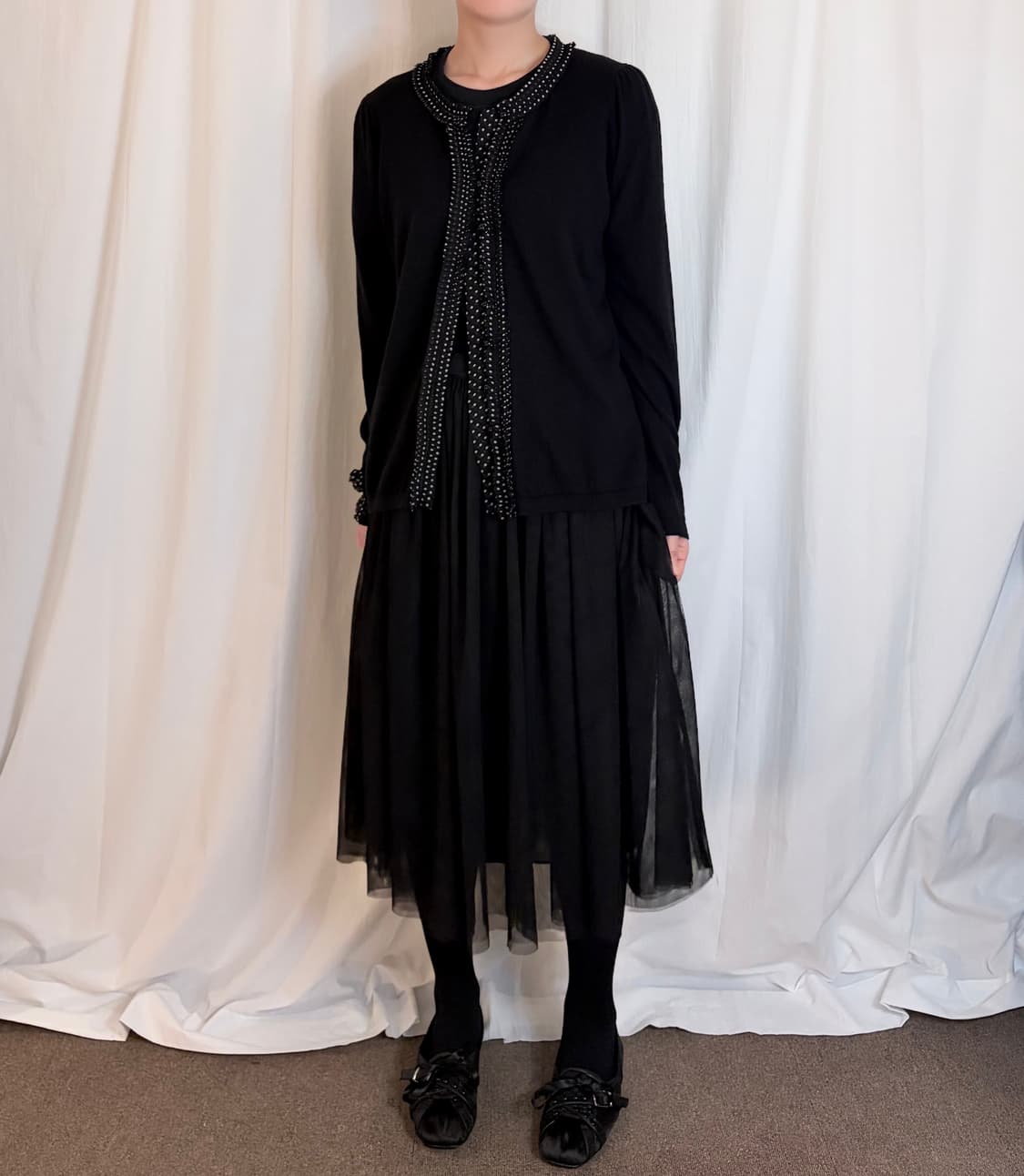 Dot Lace Trim Cardigan – Black 상품이미지1