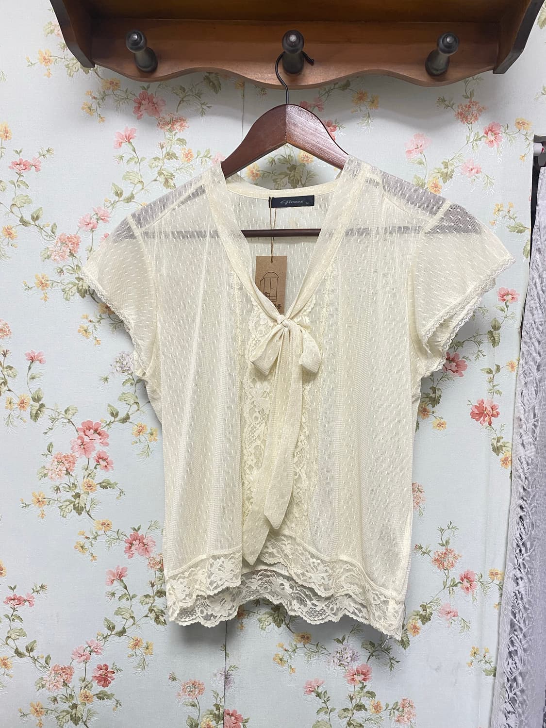 스판 레이스 시스루  리본타이 반팔 상품이미지1