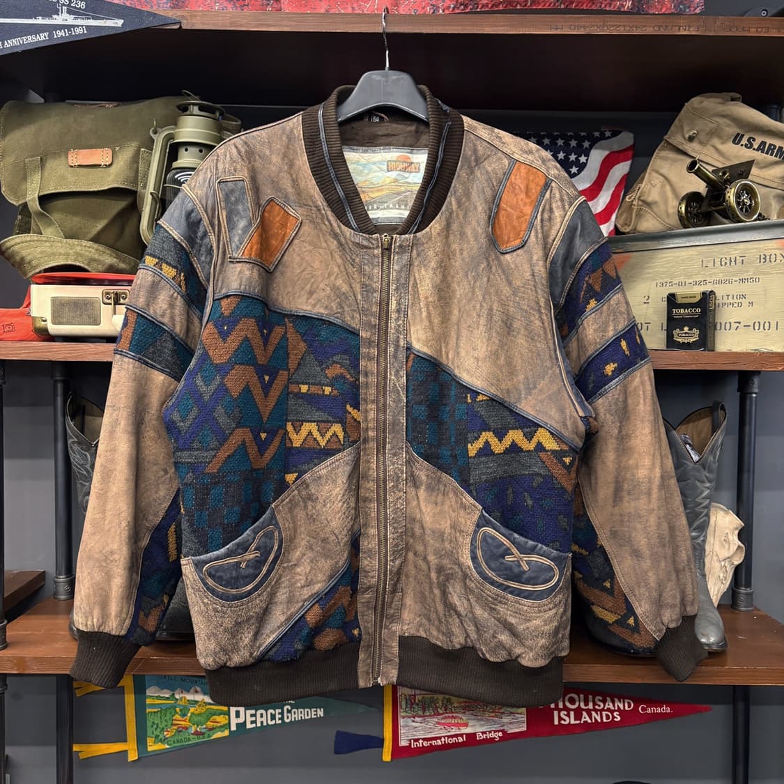 90s 하이웨이 레더 에스닉 패턴 케이블 패치 소가죽 봄버자켓 N583 상품이미지1