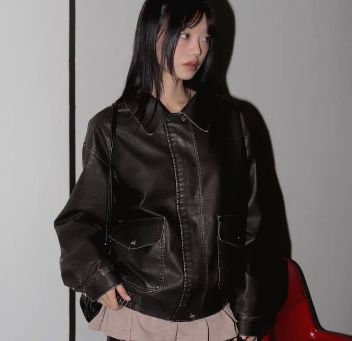 원더원더 블룸 빈티지 워싱 포켓 박시 레더자켓 상품이미지4