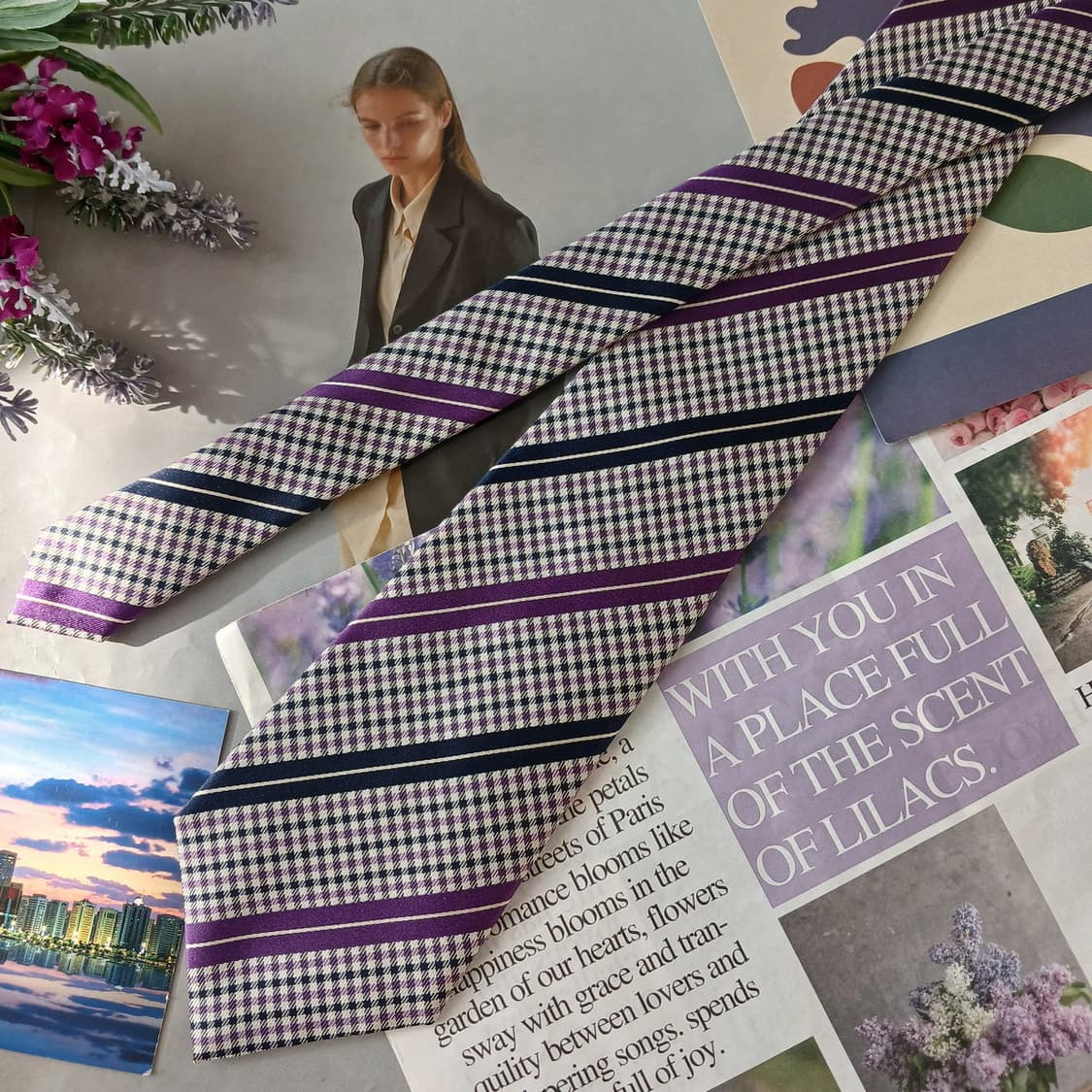 아쿠아스큐텀 실크 체크 스트라이프 넥타이 9.2cm A등급 A19588
 상품이미지4