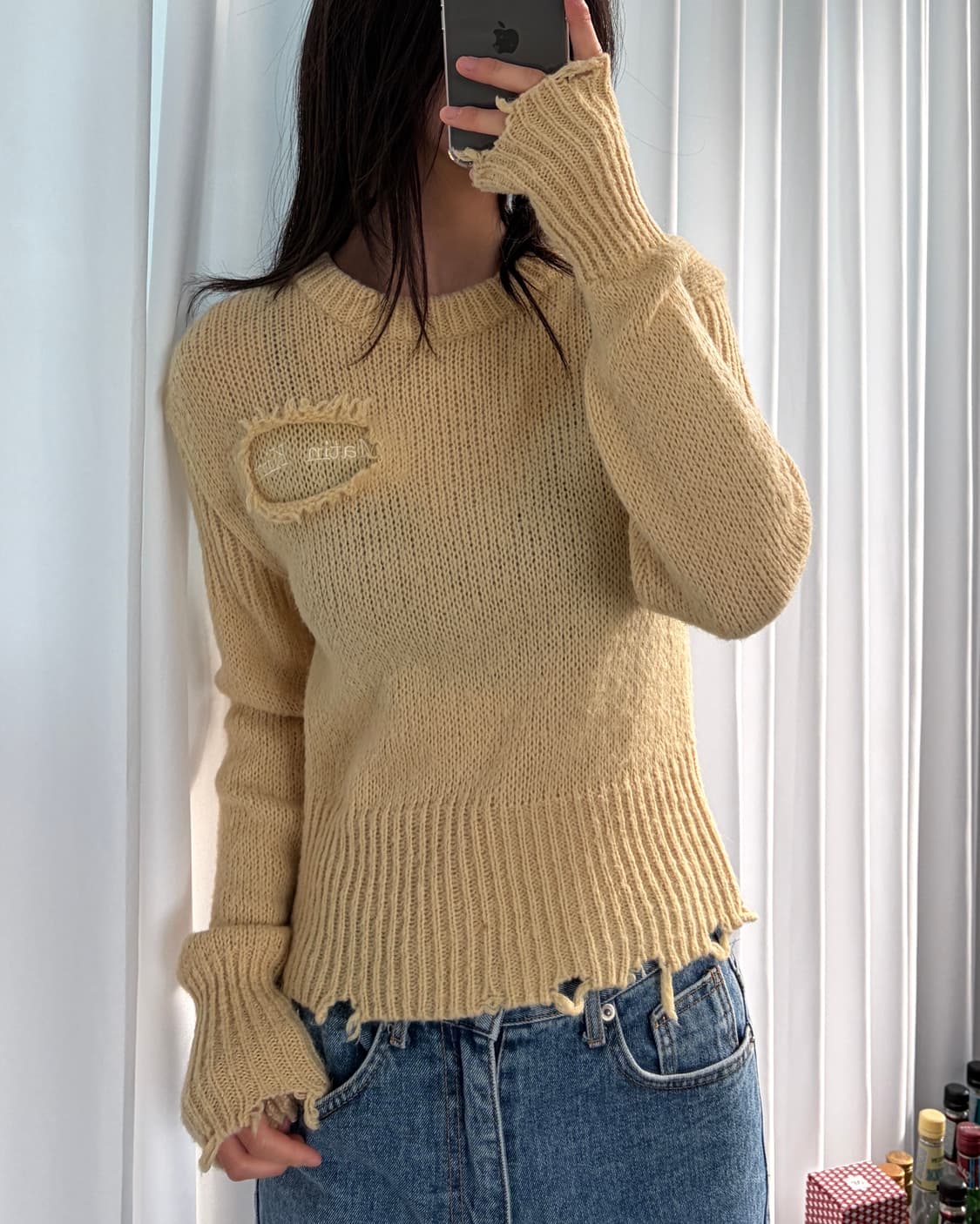 [S]마뗑킴 Matin kim 데미지 솔리드 니트 라이트 옐로우 상품이미지1