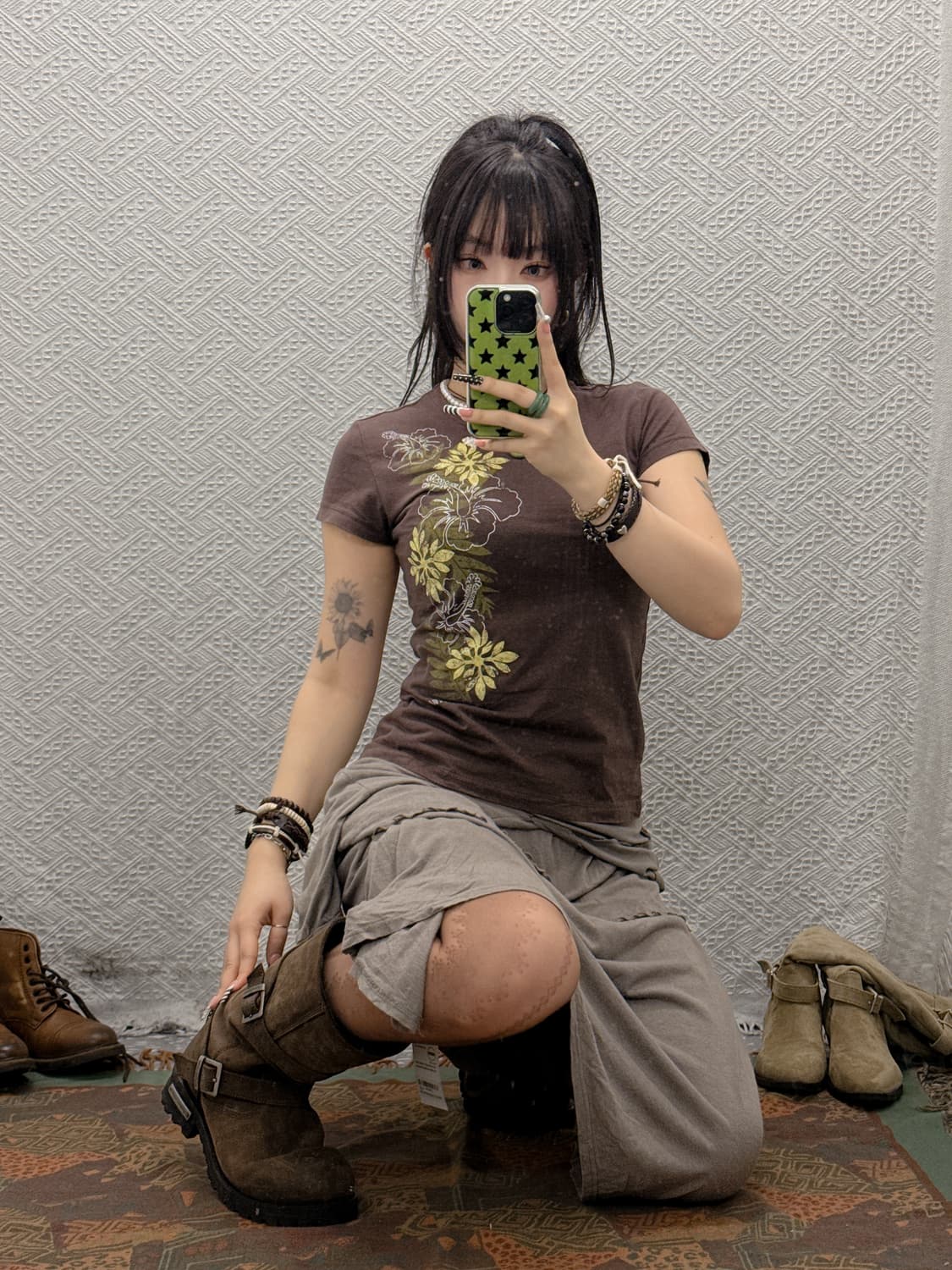 빈티지 보헤미안 오리엔탈 히피 플라워 딱붙핏 반팔티 K0005 상품이미지1