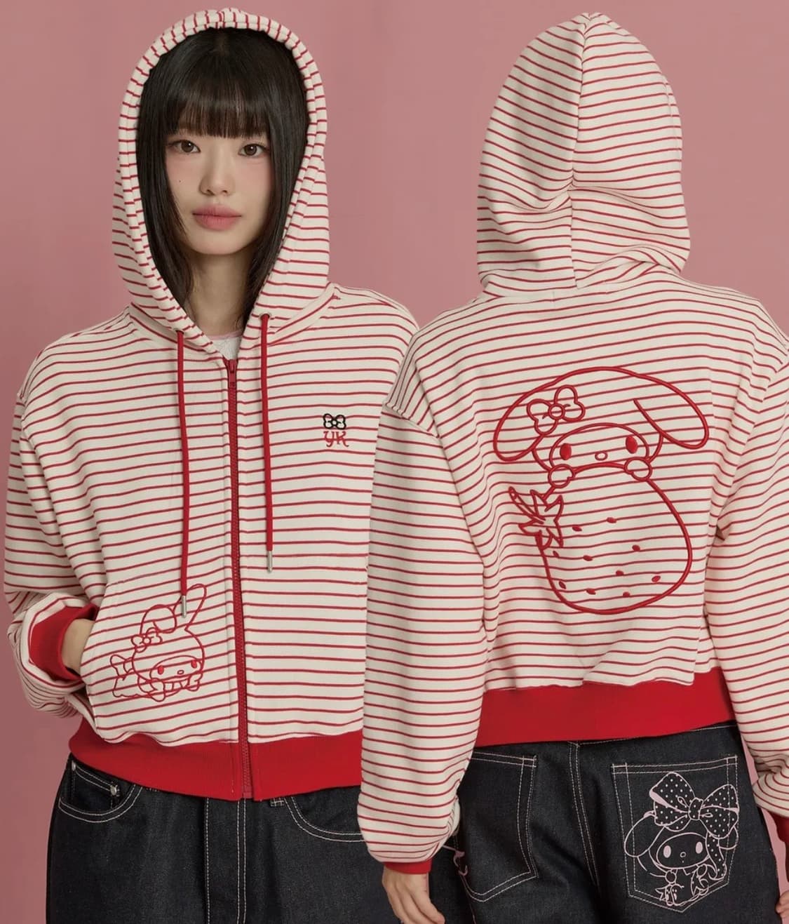 와이케이 스트로베리 마이멜로디 스트라이프 후드 집업 레드  상품이미지1