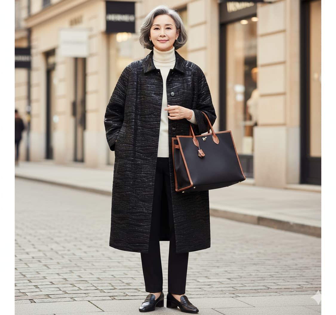 YOSHIKO 클래식 와이드 박시핏 트윙클 자가드 롱코트 상품이미지2