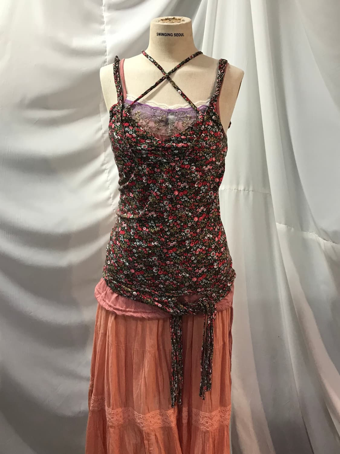 잔꽃 하구미 모리걸 레이스 레이어드 롱스커트 코디 상품이미지1