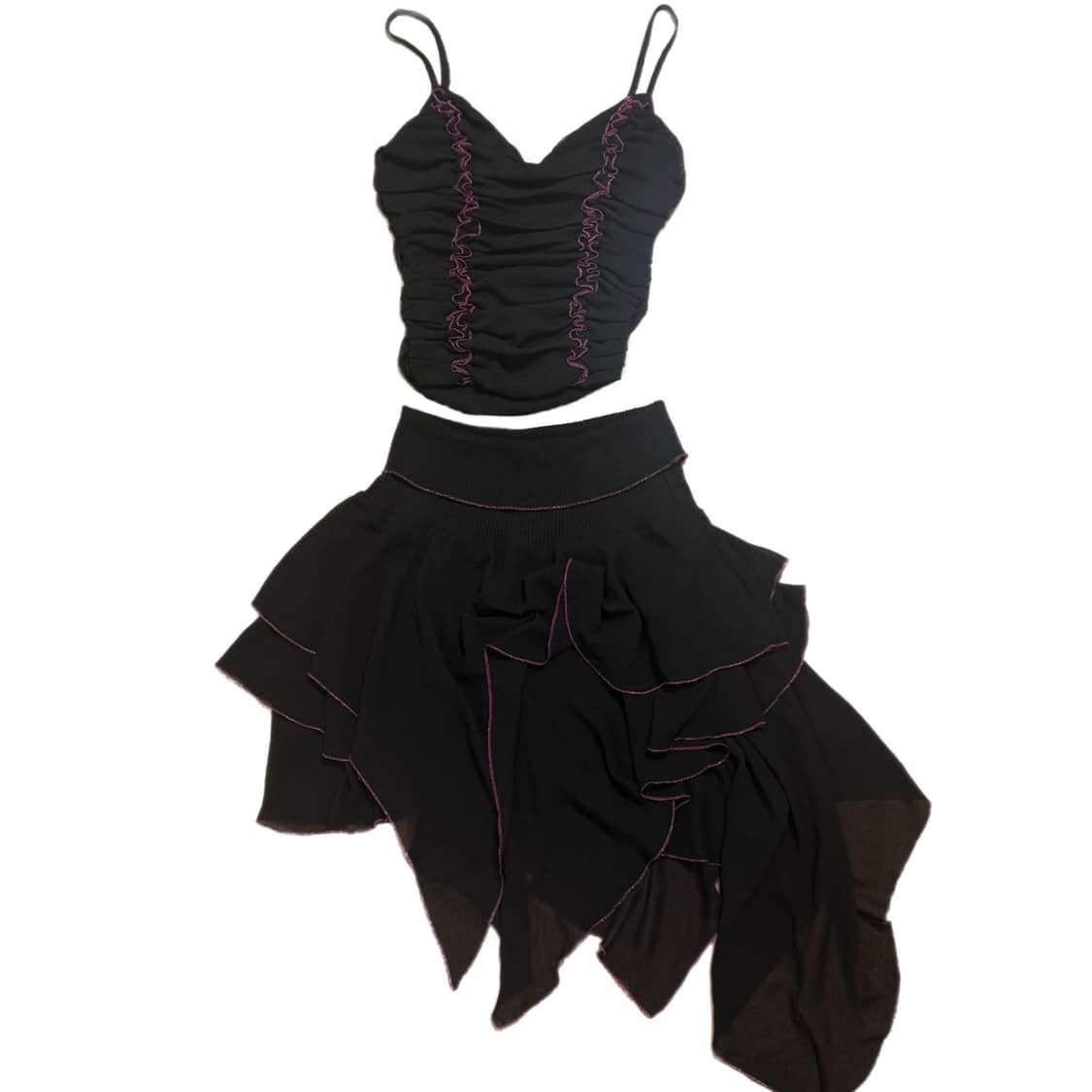 빈티지 세트 셔링 탑 & 폴드 오버 웨이스트 프릴 비대칭 스커트  상품이미지1