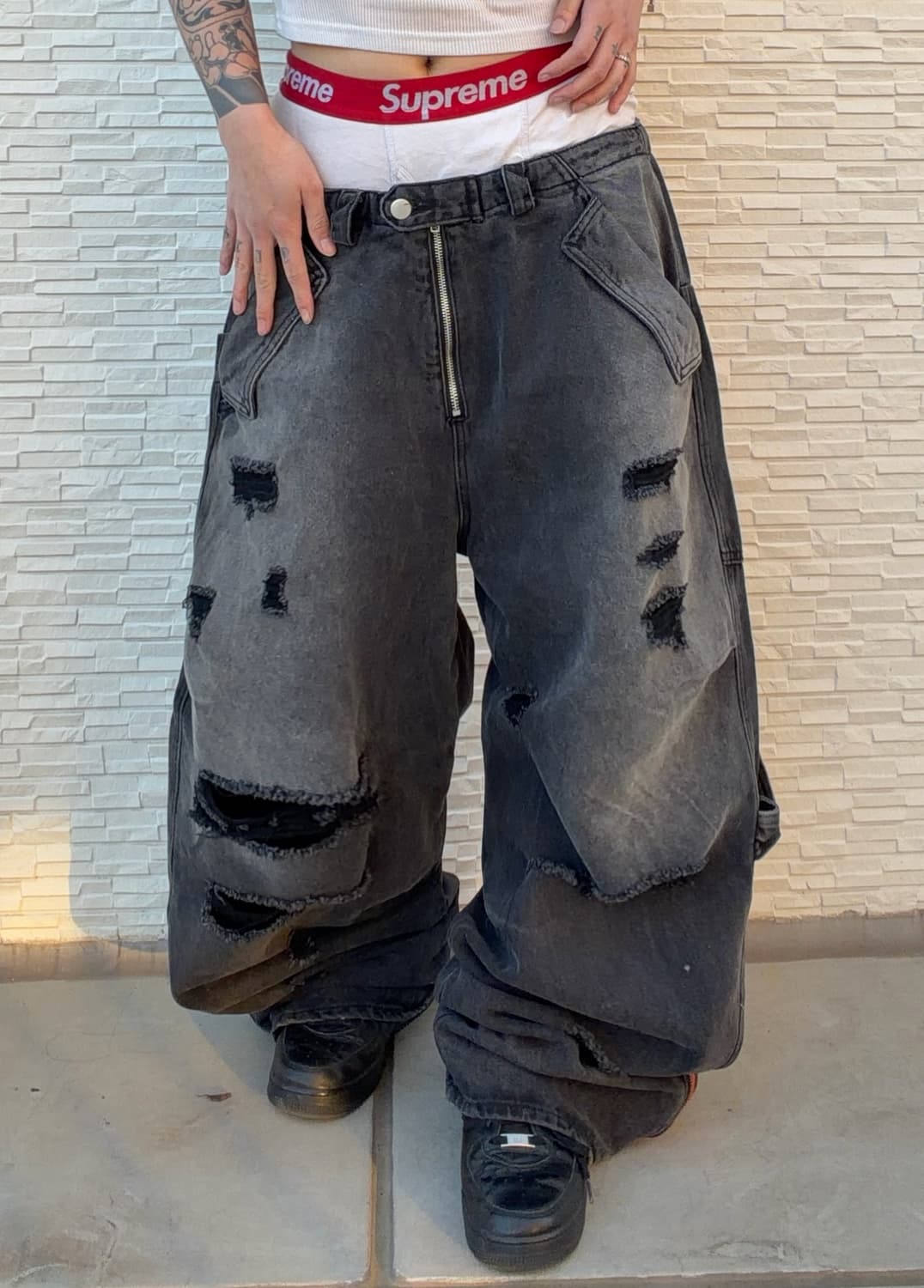 [unisex] 크러시 블랙 디스트로이드 흑청 와이드 pts 상품이미지3