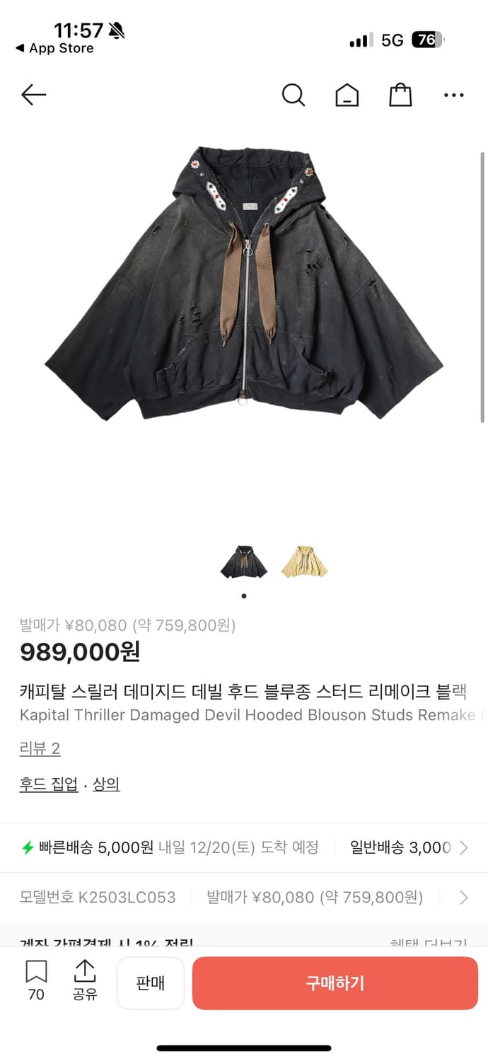 캐피탈 스릴러 데미지드 데빌 후드 블루종 스터드 리메이크 블랙 상품이미지4