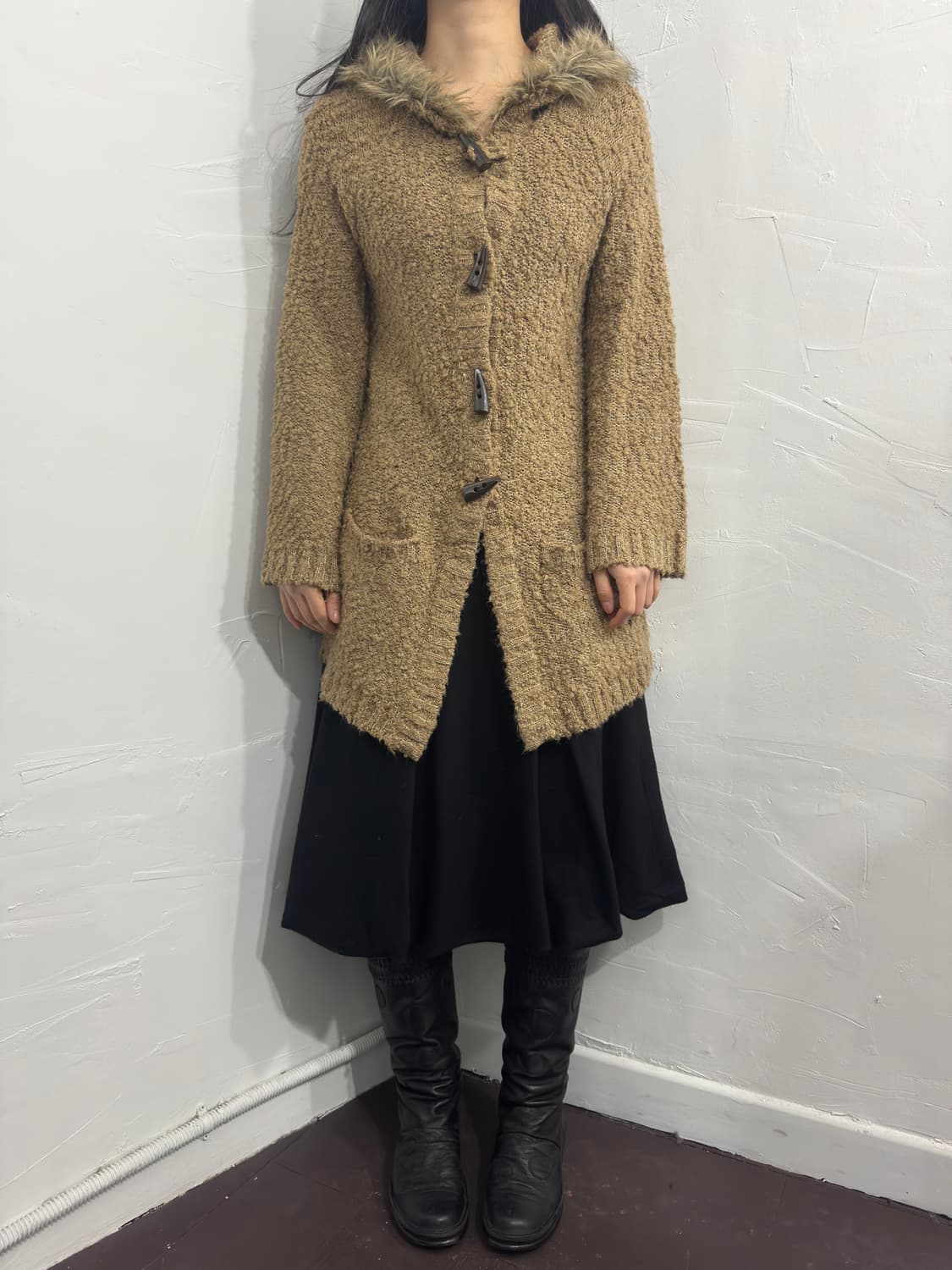 pink adobe fur hood knit cardigan 상품이미지2