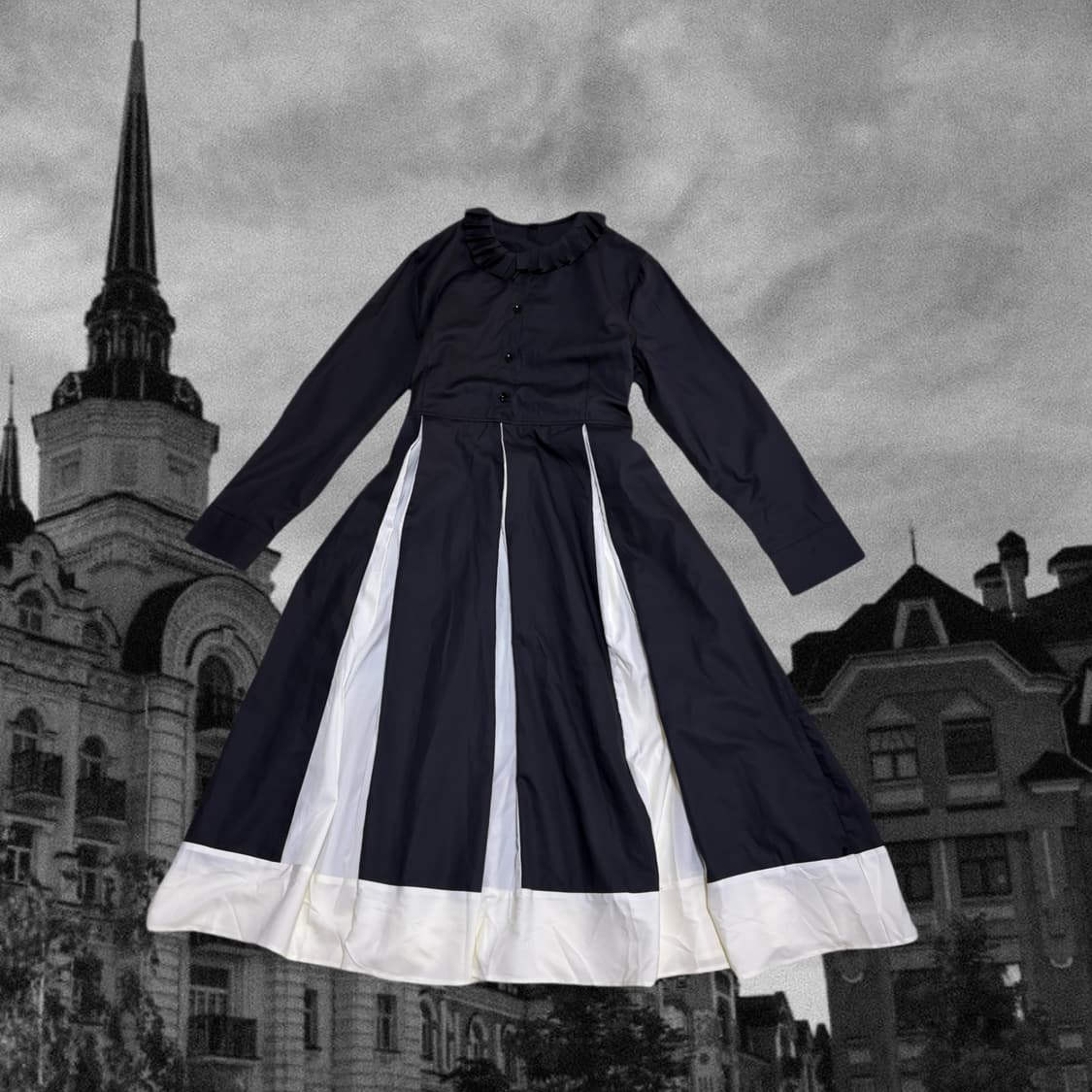 빈티지 블랙 앤 화이트 프릴 고스 롱 원피스 상품이미지1