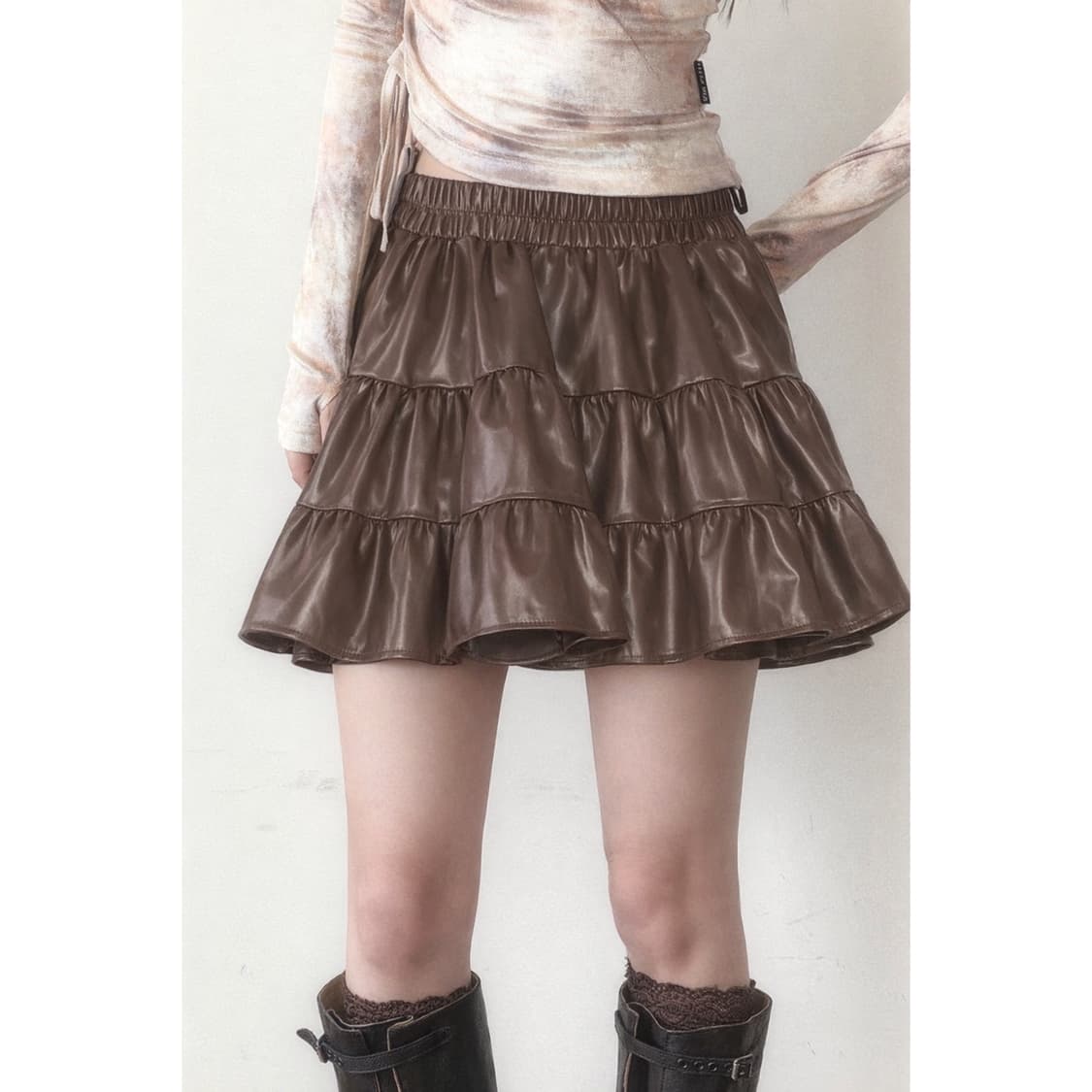 Brown Faux Leather Tiered Mini Skirt 상품이미지1
