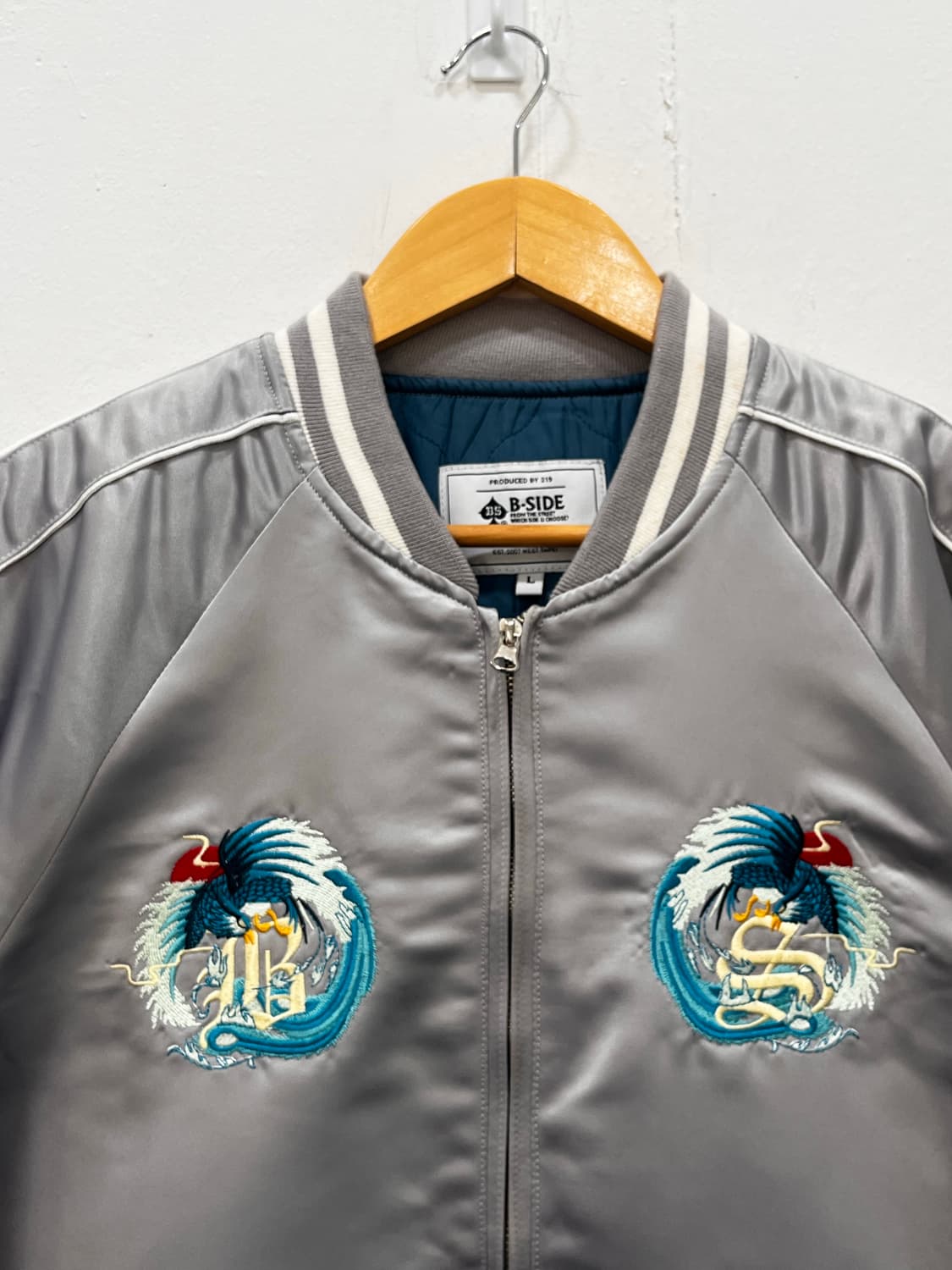 VIntage 스카잔 새틴 바시티 자켓 블루종 L 실버 상품이미지4