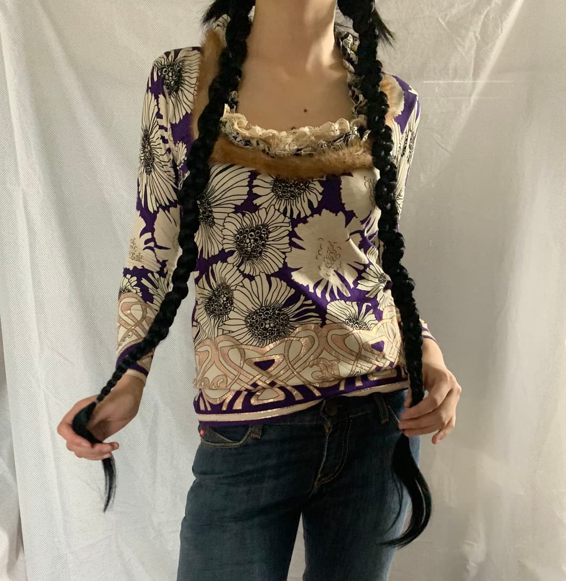 로베르토 카발리 밍크 퍼 레이스 배색 티셔츠 상품이미지2